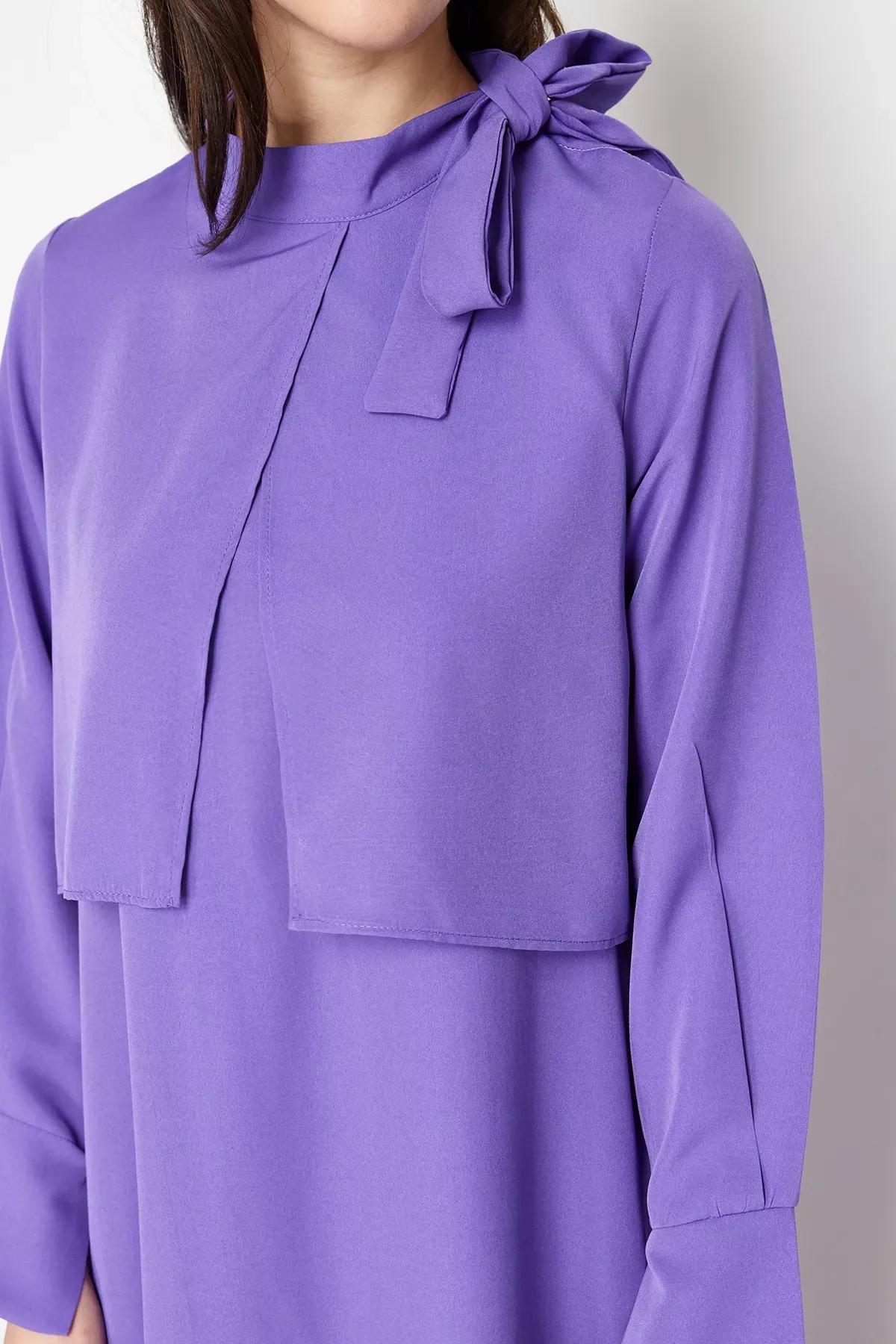 Purple Collar Tie Detailed Woven Dress, Purple, large image number 4