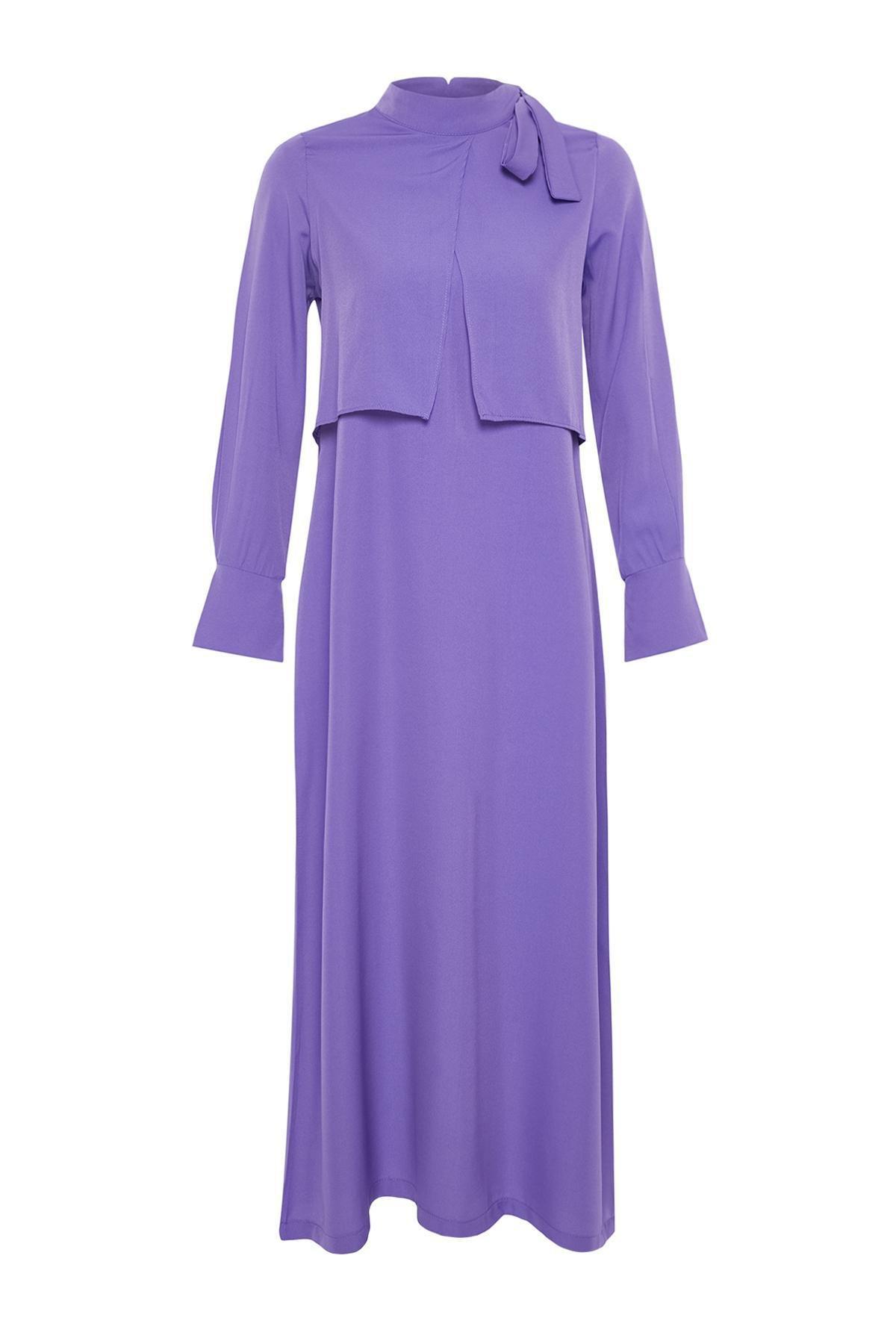 Purple Collar Tie Detailed Woven Dress, , large image number 5