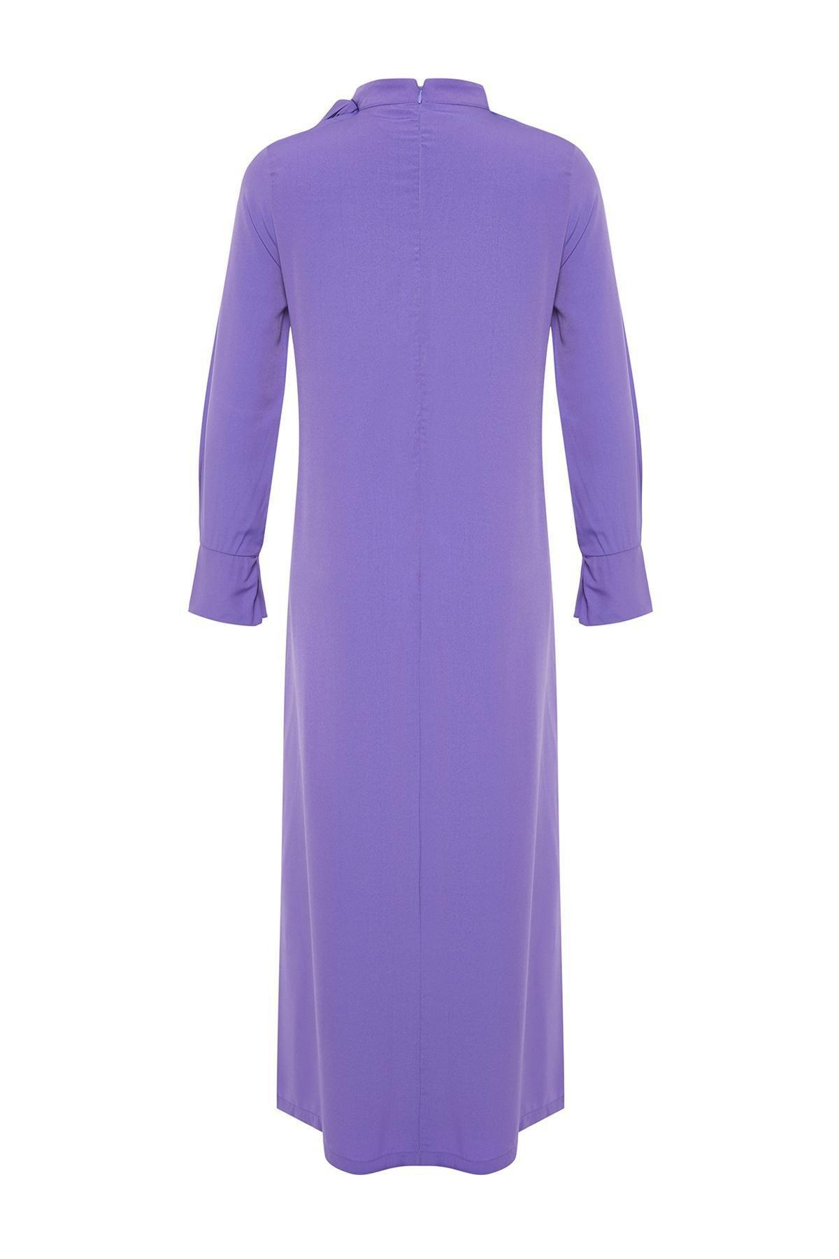 Purple Collar Tie Detailed Woven Dress, , large image number 6