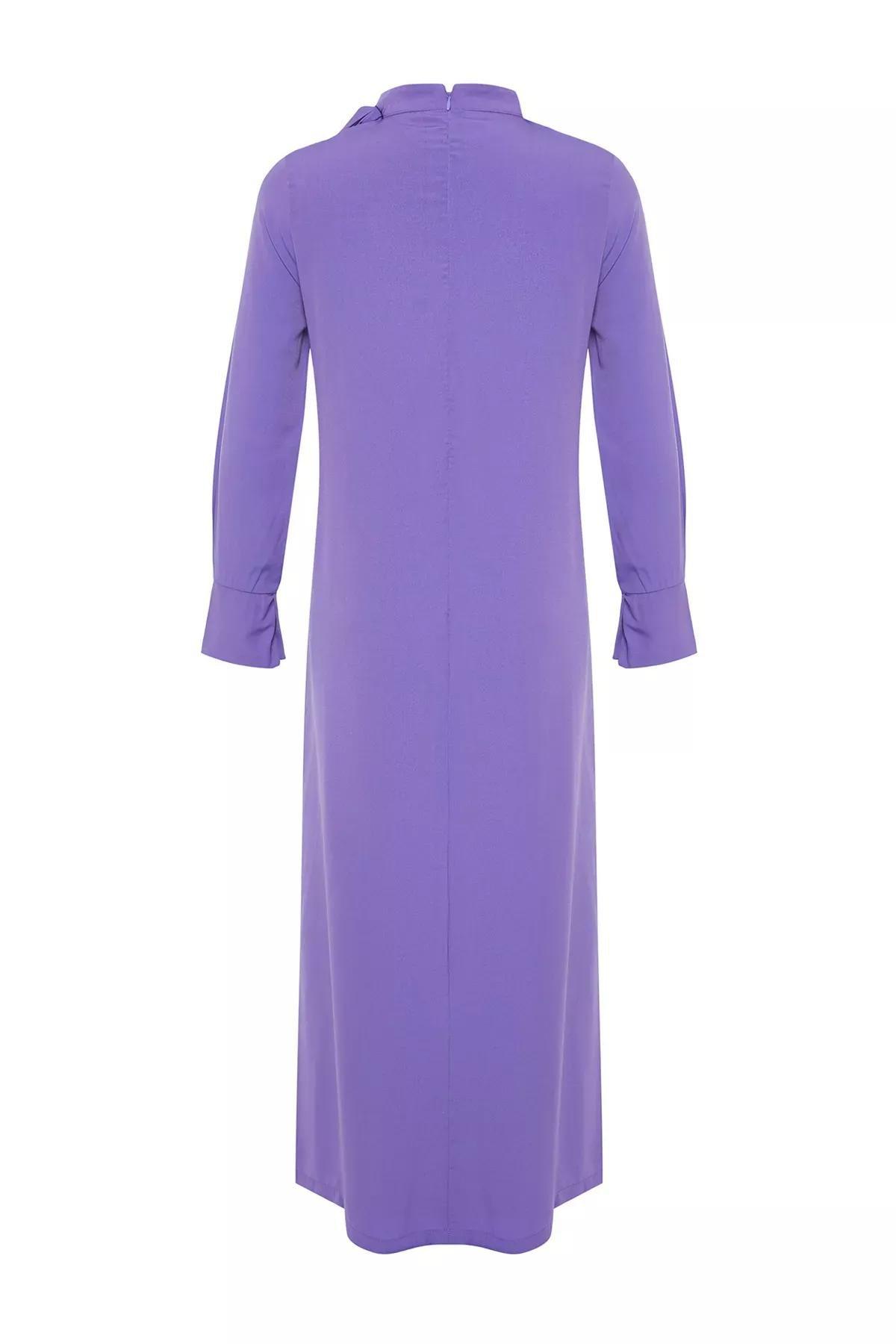Purple Collar Tie Detailed Woven Dress, Purple, large image number 6