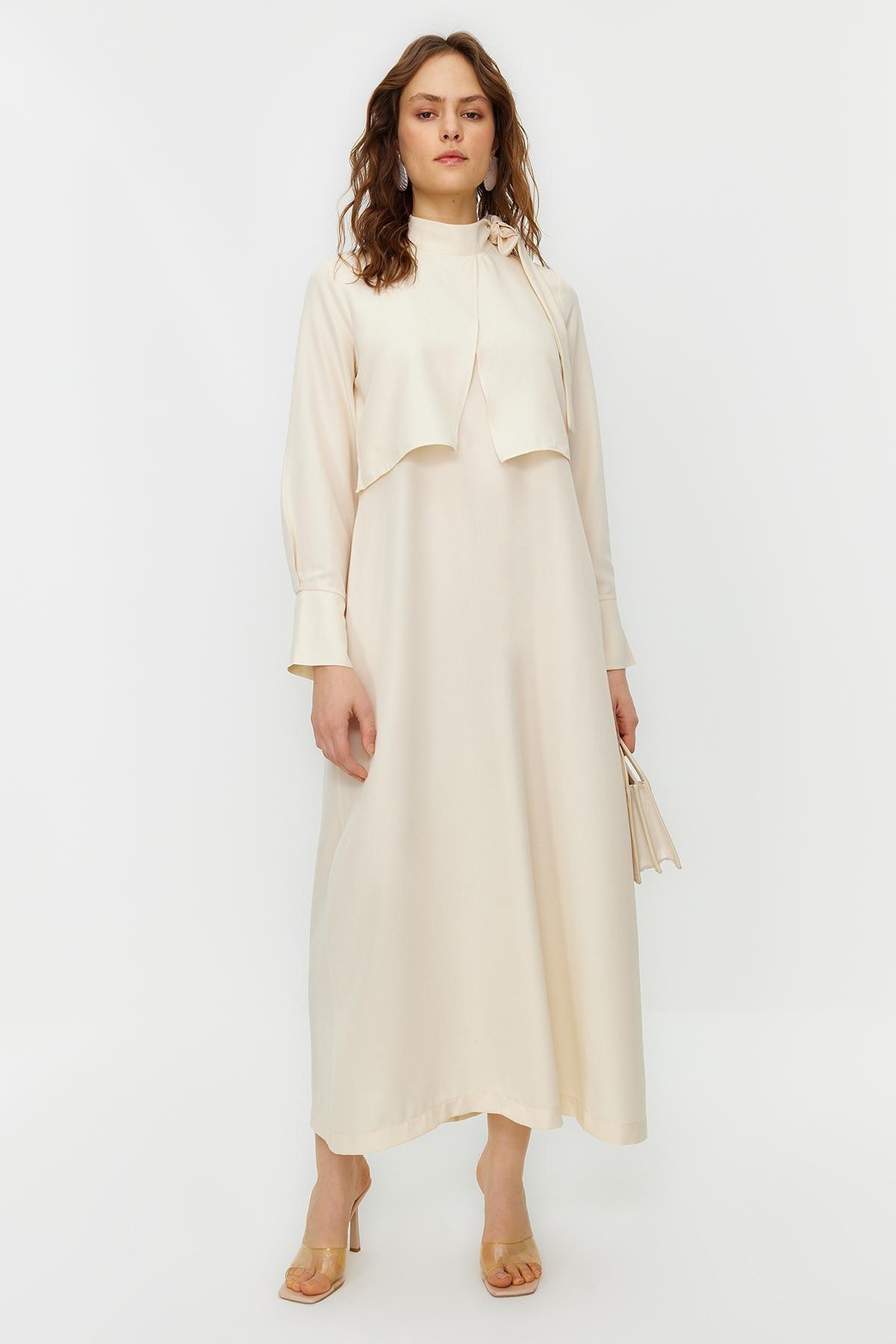 Beige Collar Tie Detail Woven Dress, , large image number 0