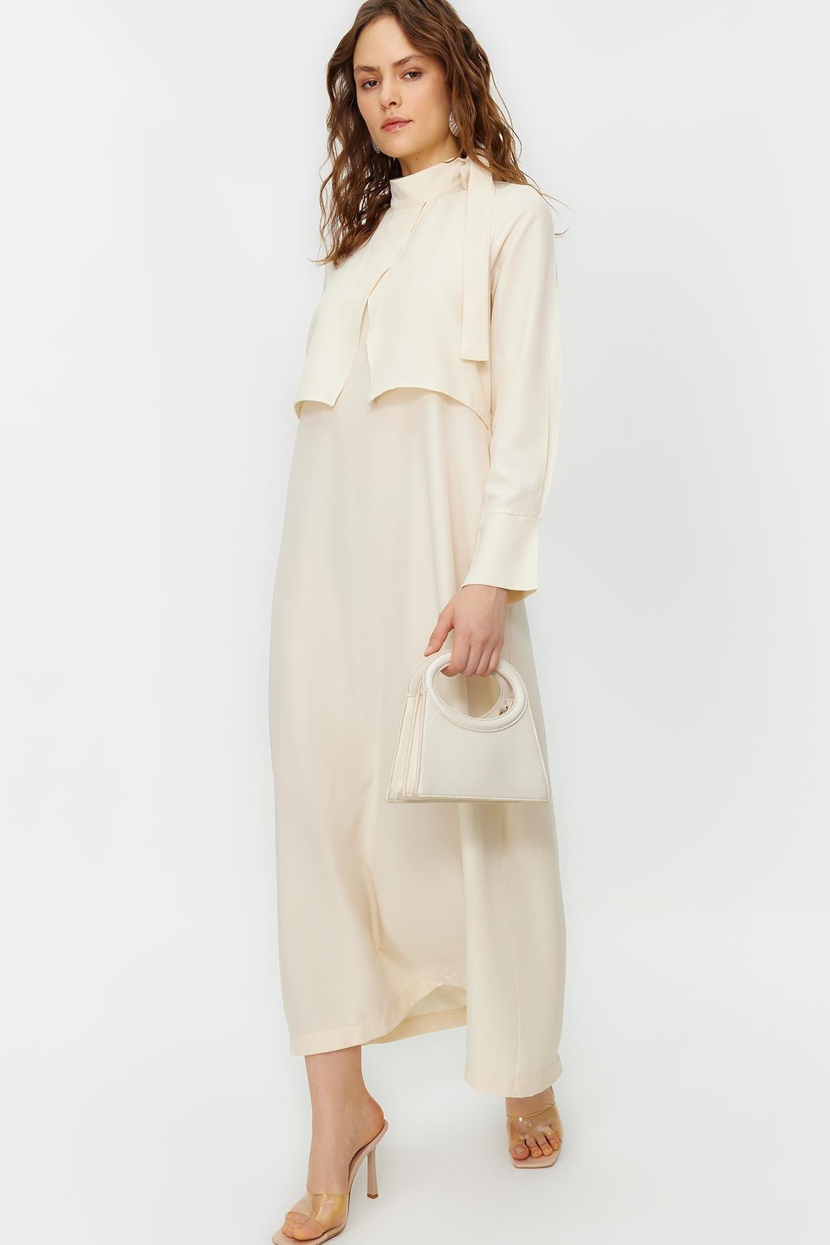 Beige Collar Tie Detail Woven Dress, , large image number 1