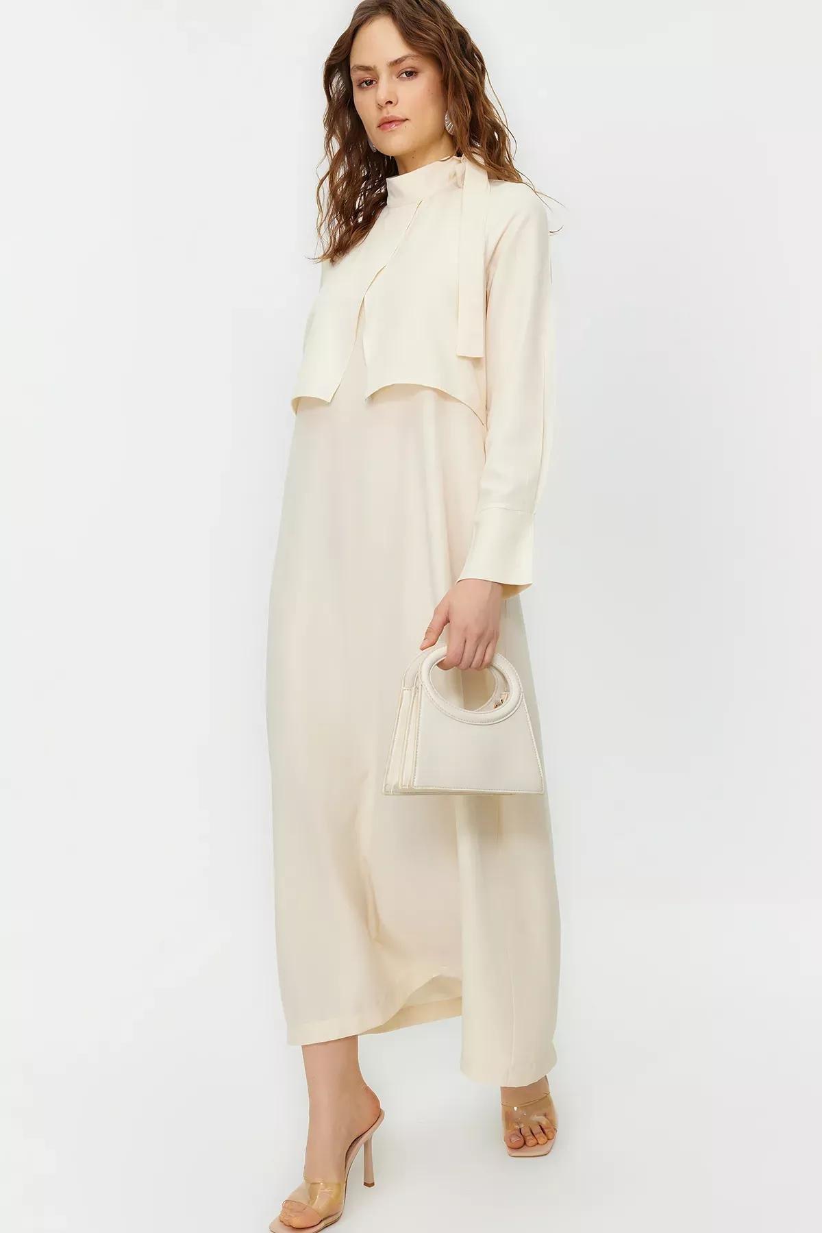 Beige Collar Tie Detail Woven Dress, , large image number 1