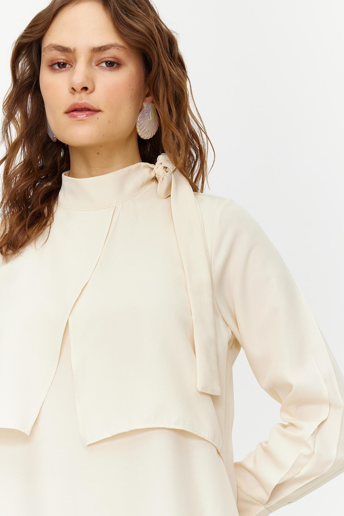 Beige Collar Tie Detail Woven Dress, , large image number 2