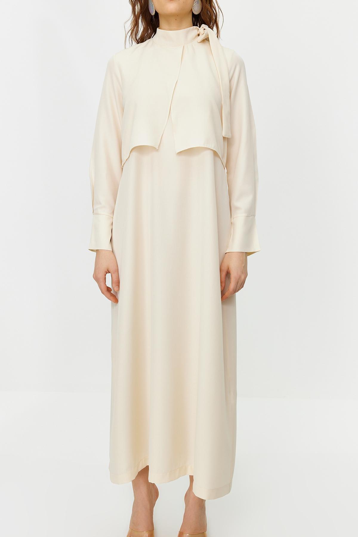 Beige Collar Tie Detail Woven Dress, , large image number 4