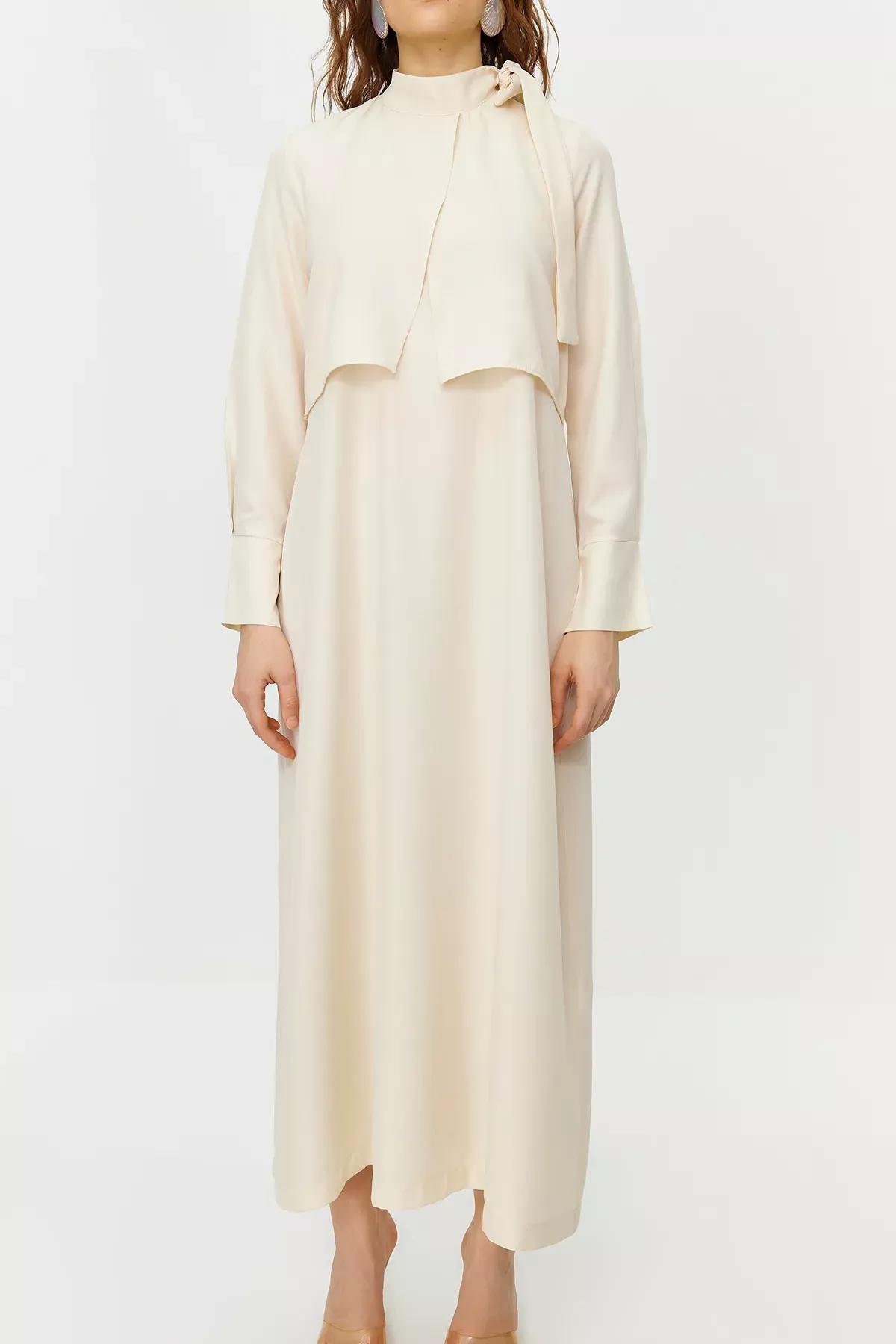 Beige Collar Tie Detail Woven Dress, , large image number 4
