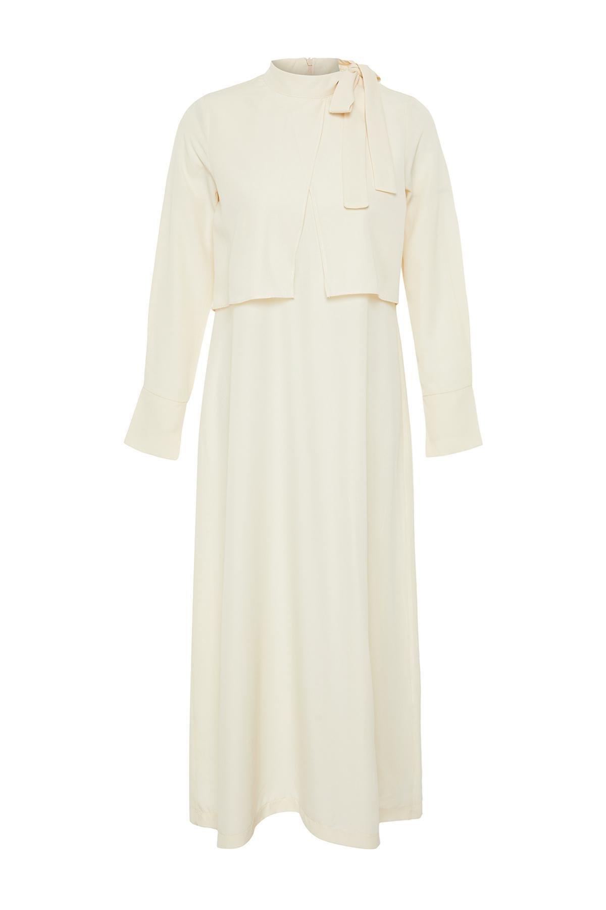 Beige Collar Tie Detail Woven Dress, , large image number 5
