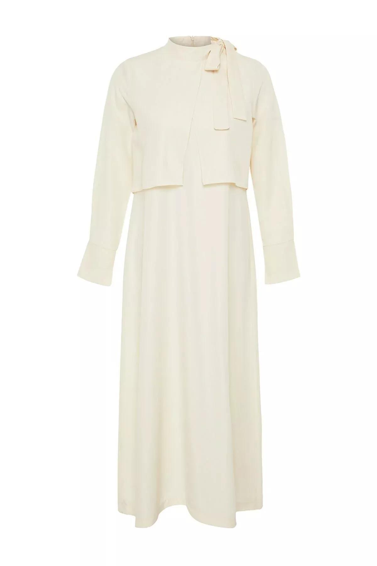 Beige Collar Tie Detail Woven Dress, , large image number 5