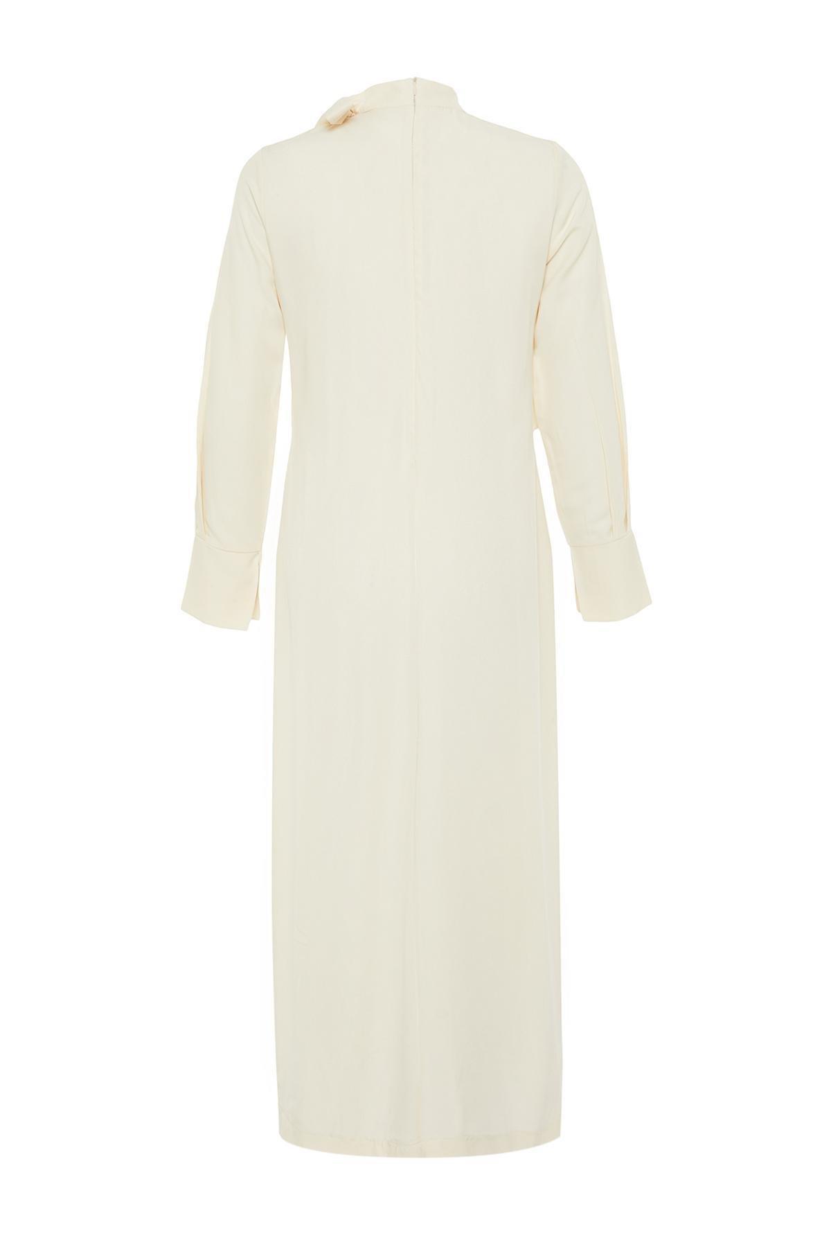 Beige Collar Tie Detail Woven Dress, , large image number 6