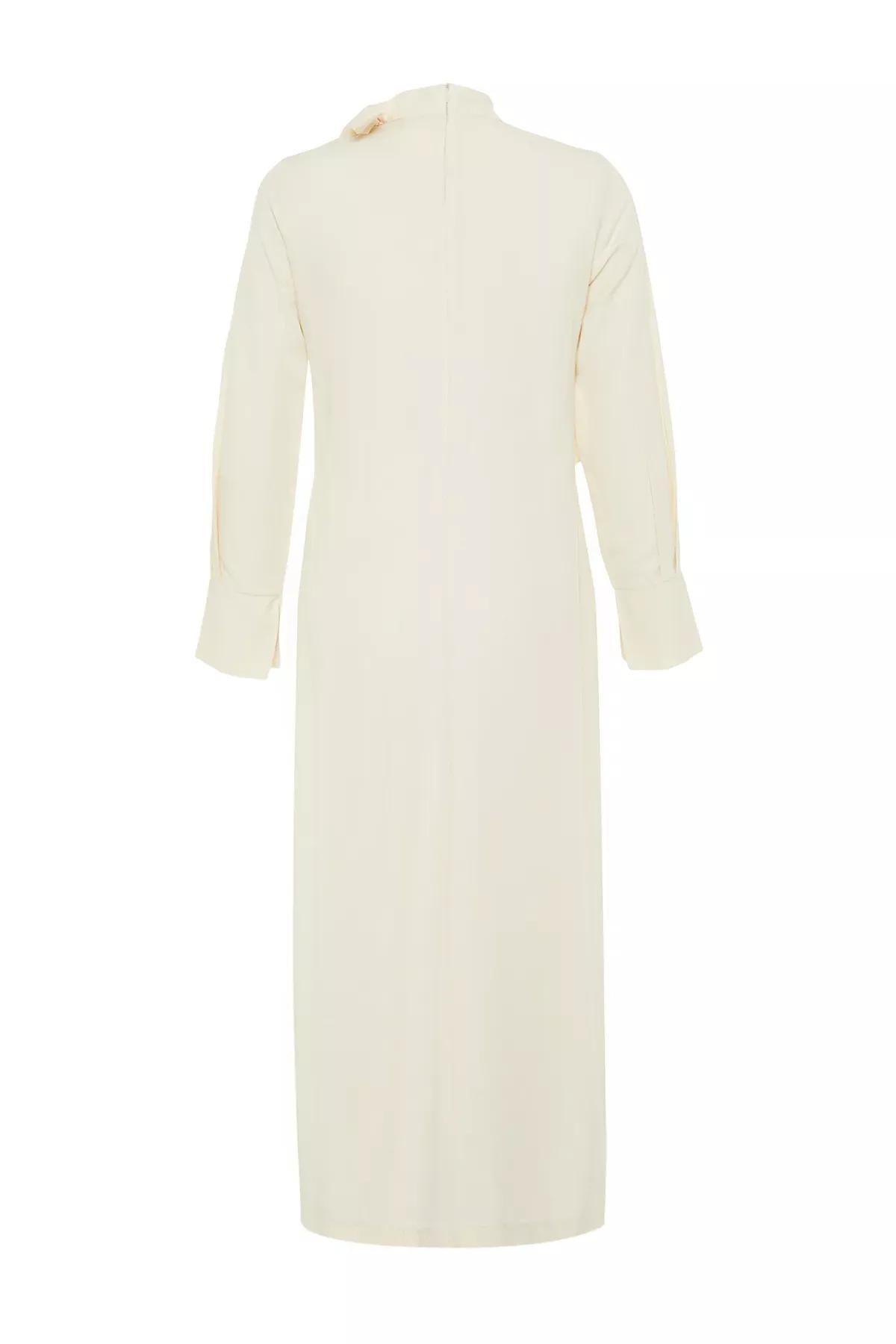Beige Collar Tie Detail Woven Dress, , large image number 6