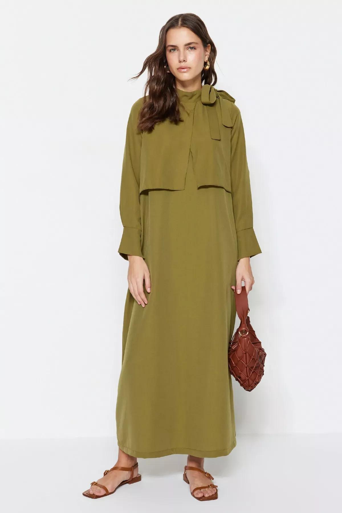 Khaki Standing Collar A-Line Dress, , medium
