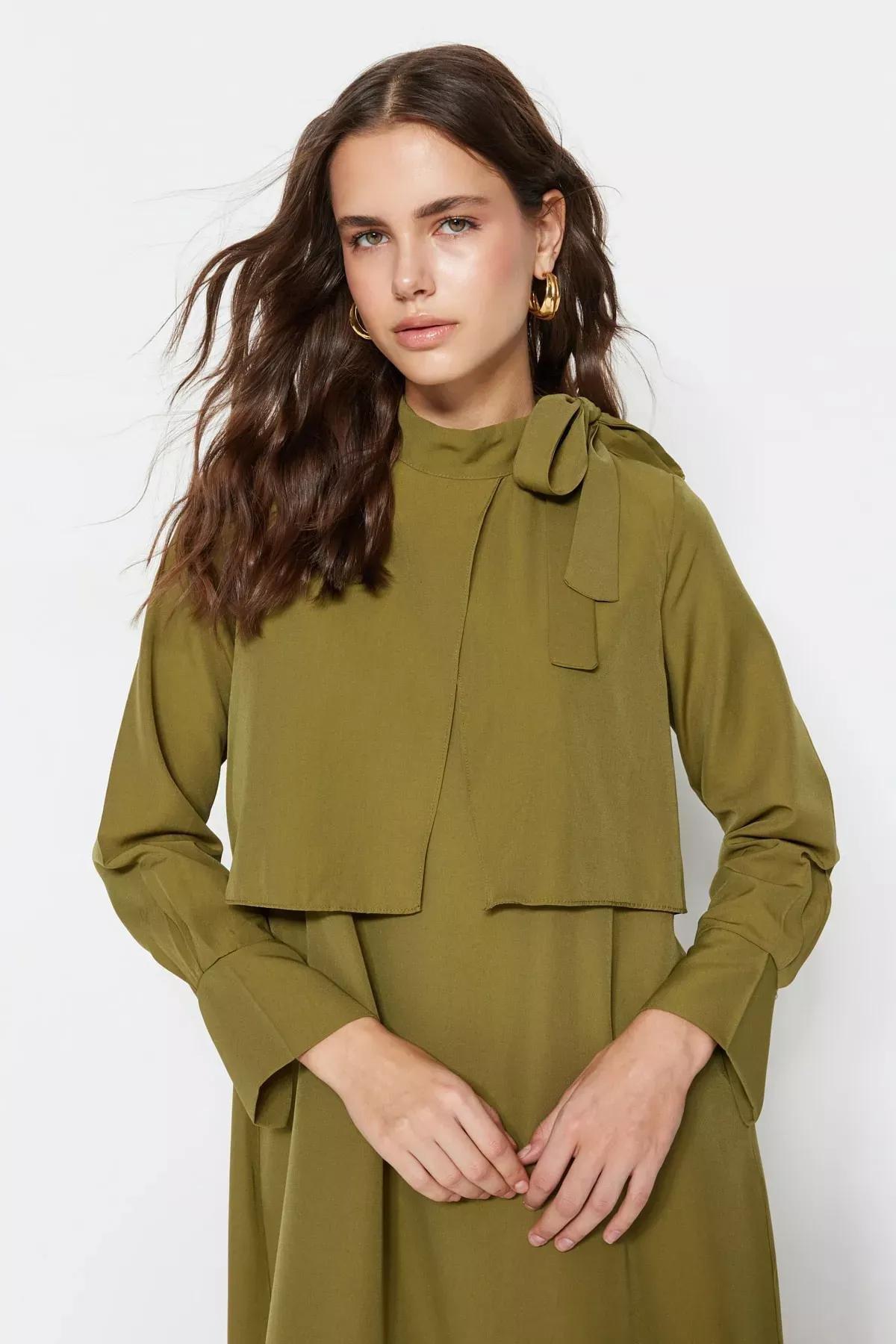Khaki Standing Collar A-Line Dress, , large image number 1