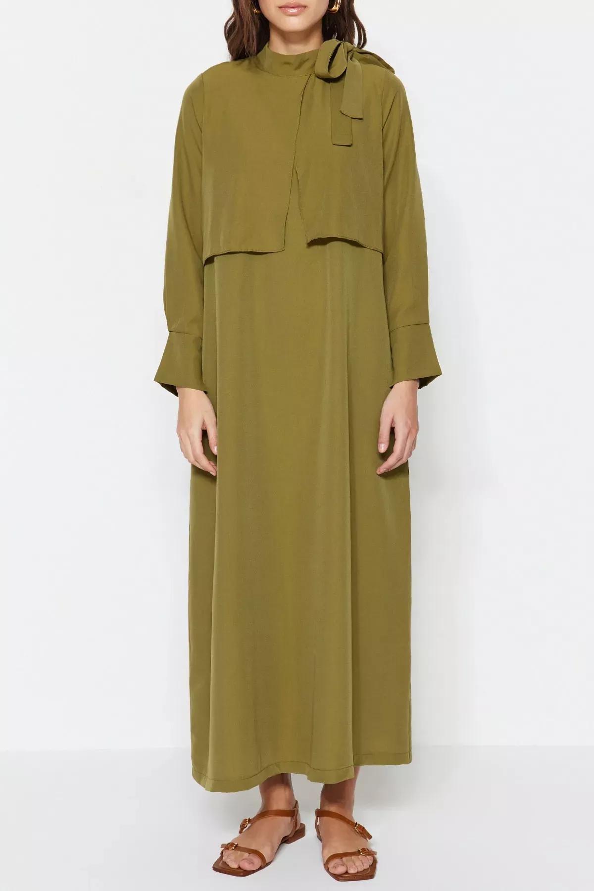 Khaki Standing Collar A-Line Dress, , large image number 2