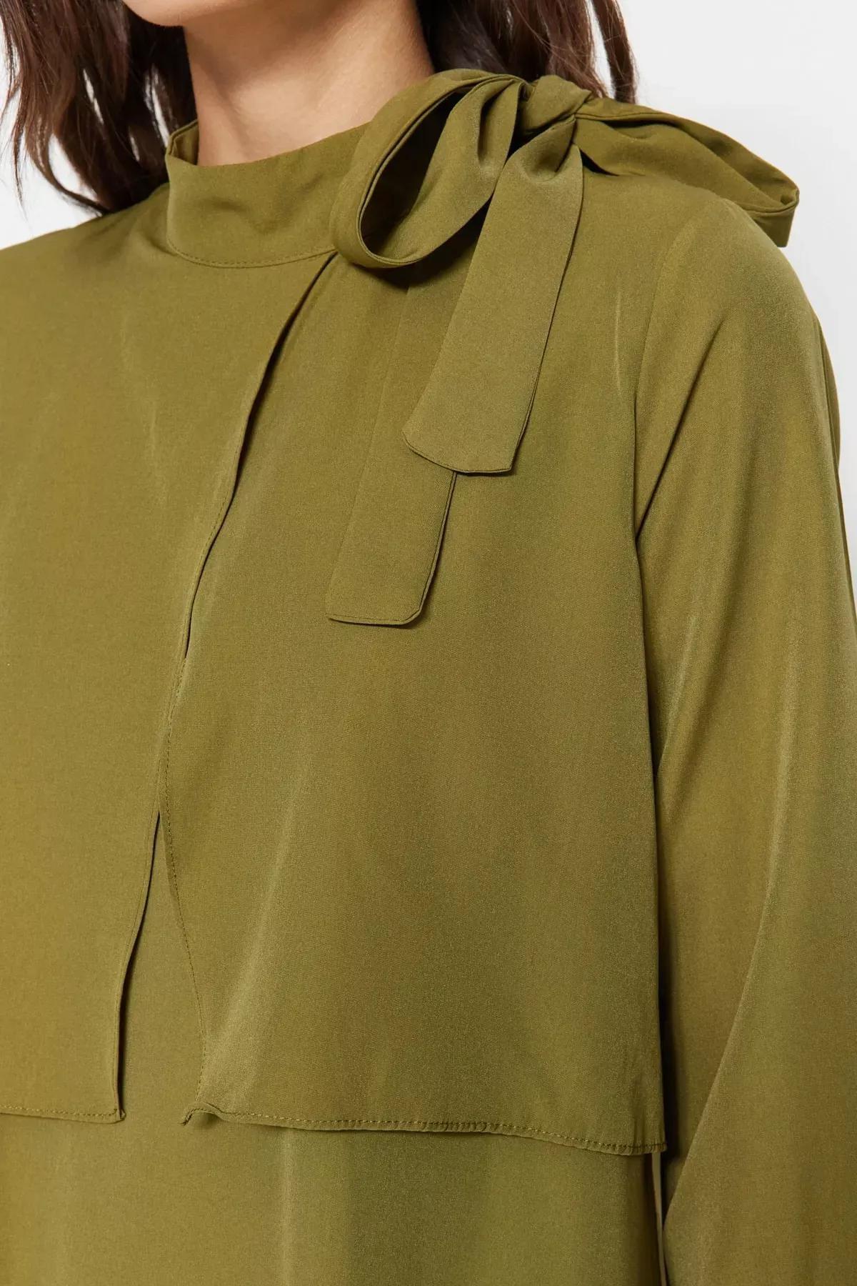 Khaki Standing Collar A-Line Dress, , large image number 3