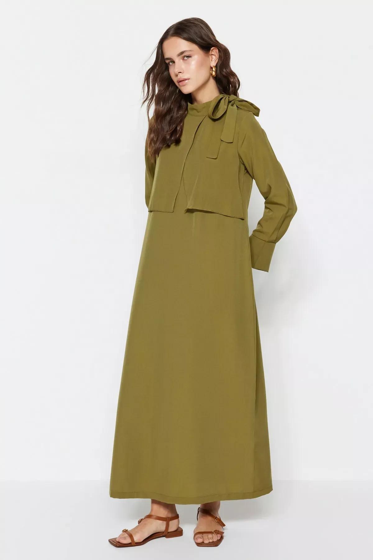 Khaki Standing Collar A-Line Dress, , large image number 4