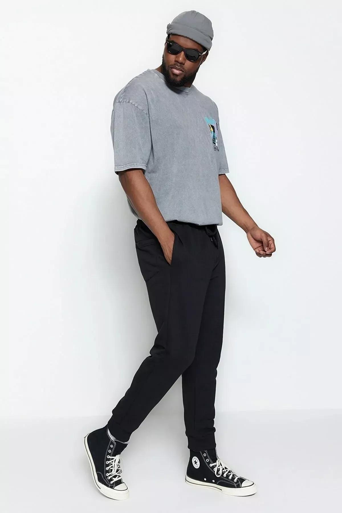 Black Elastic Leg Plus Size Sweatpants, Black, medium