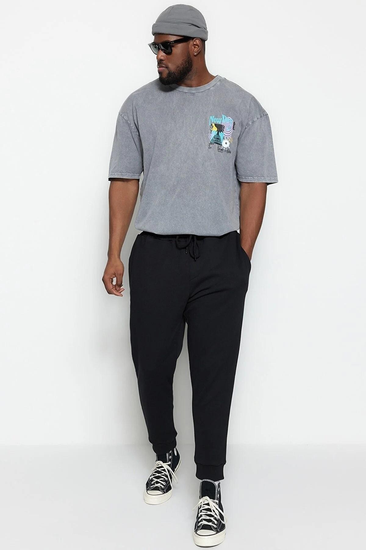 Black Elastic Leg Plus Size Sweatpants, , large image number 1