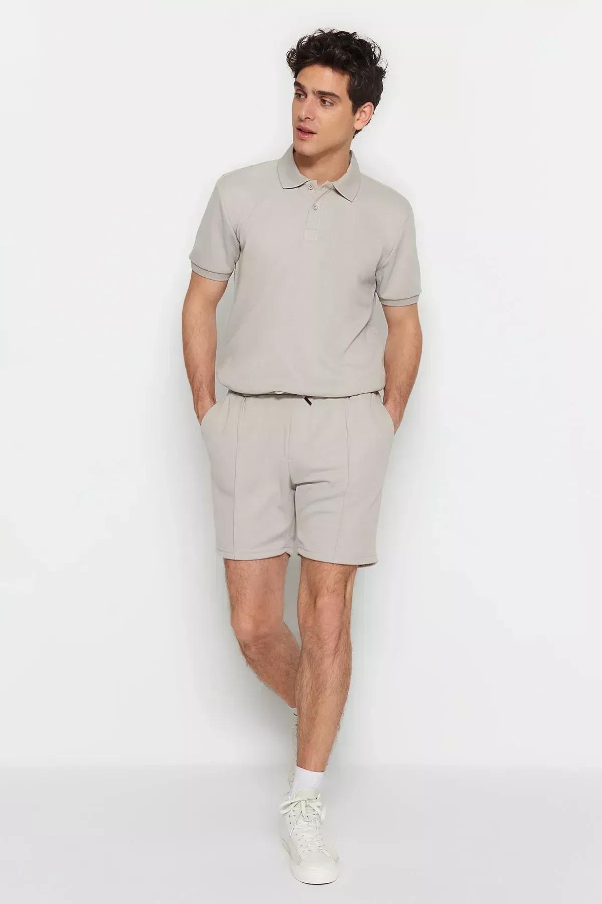 Gray Straight Mid Waist Shorts, Gray, large image number 4