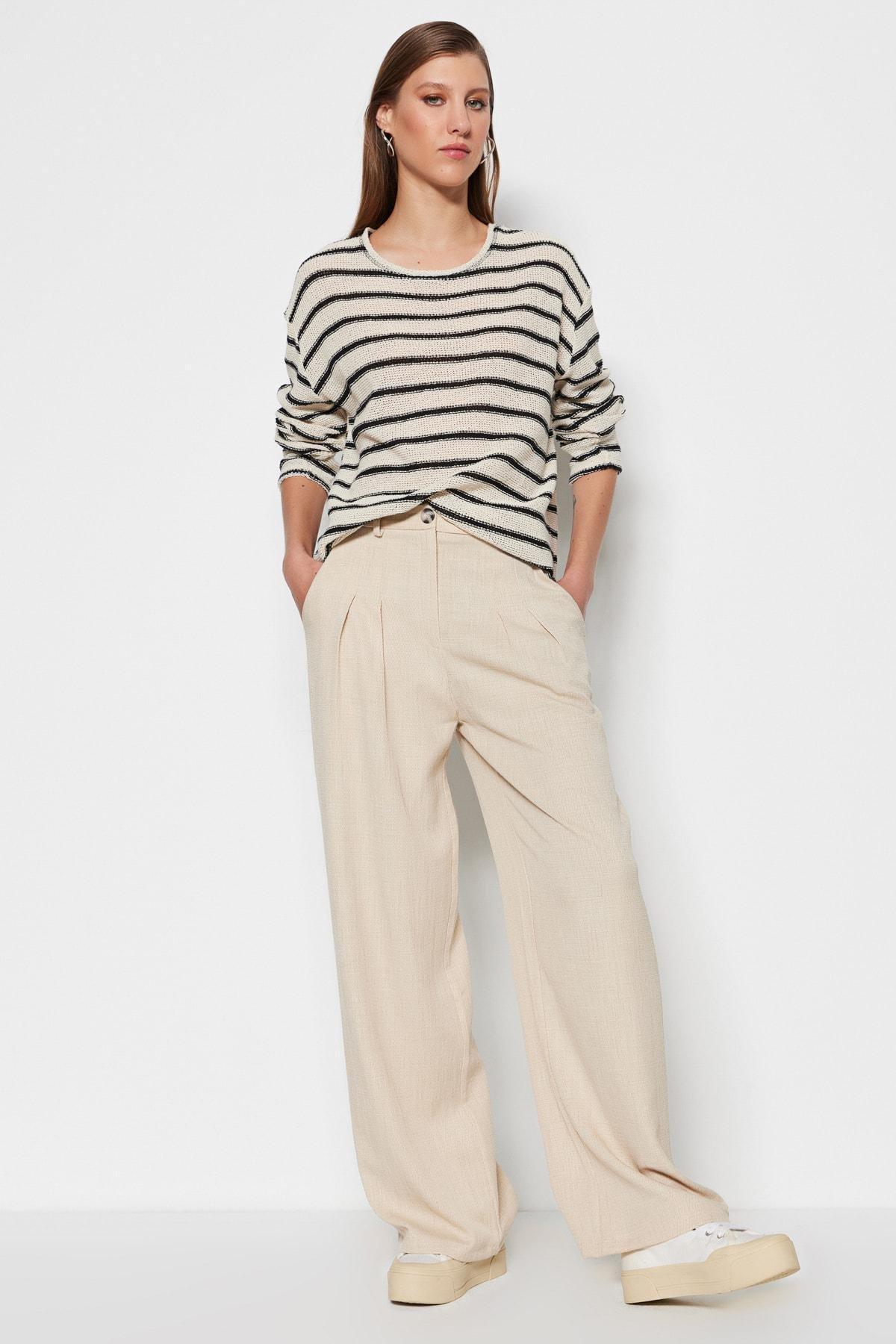 Beige High Waist Wide Leg Pants, , large image number 0