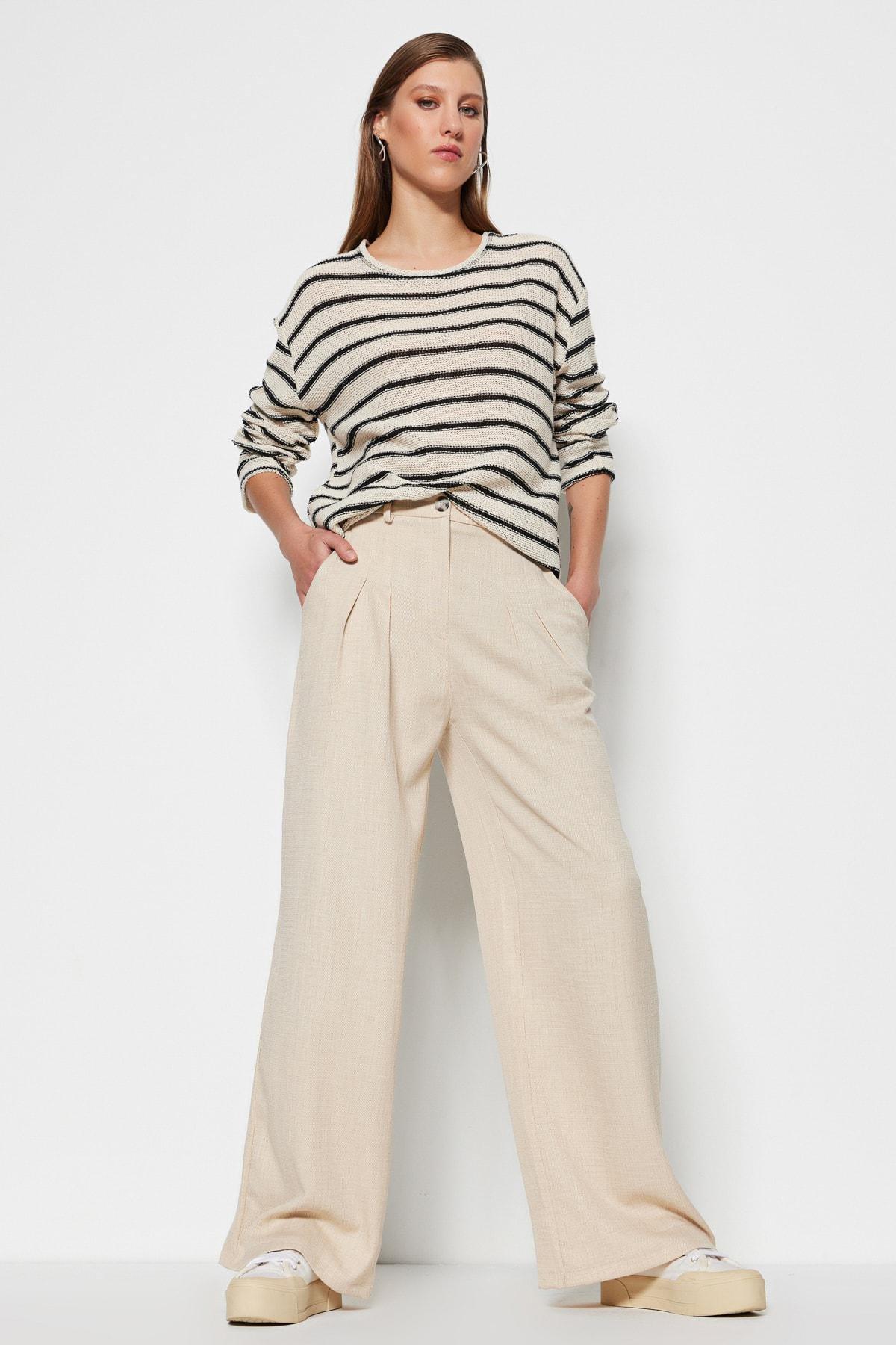 Beige High Waist Wide Leg Pants, , large image number 1