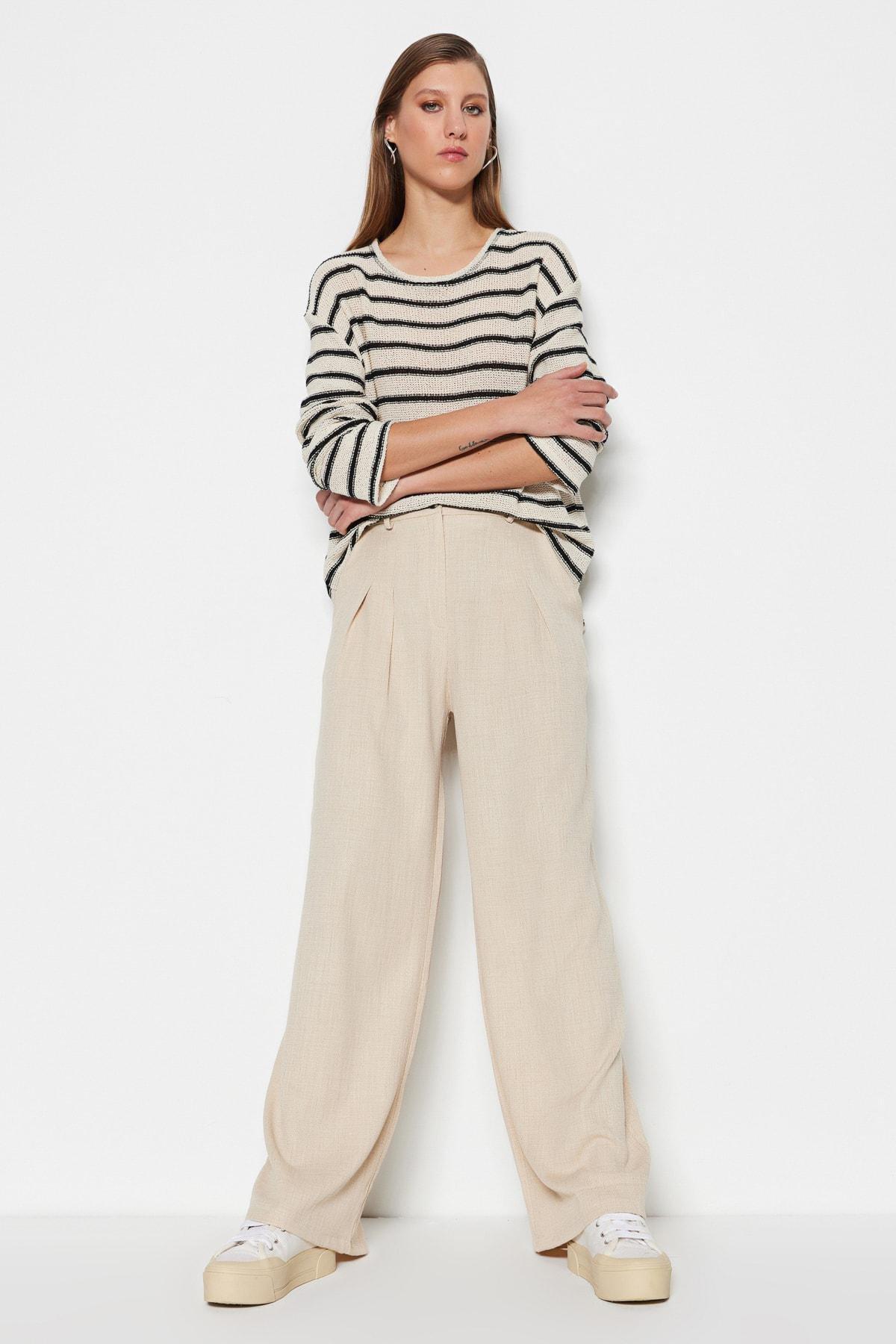 Beige High Waist Wide Leg Pants, , large image number 2