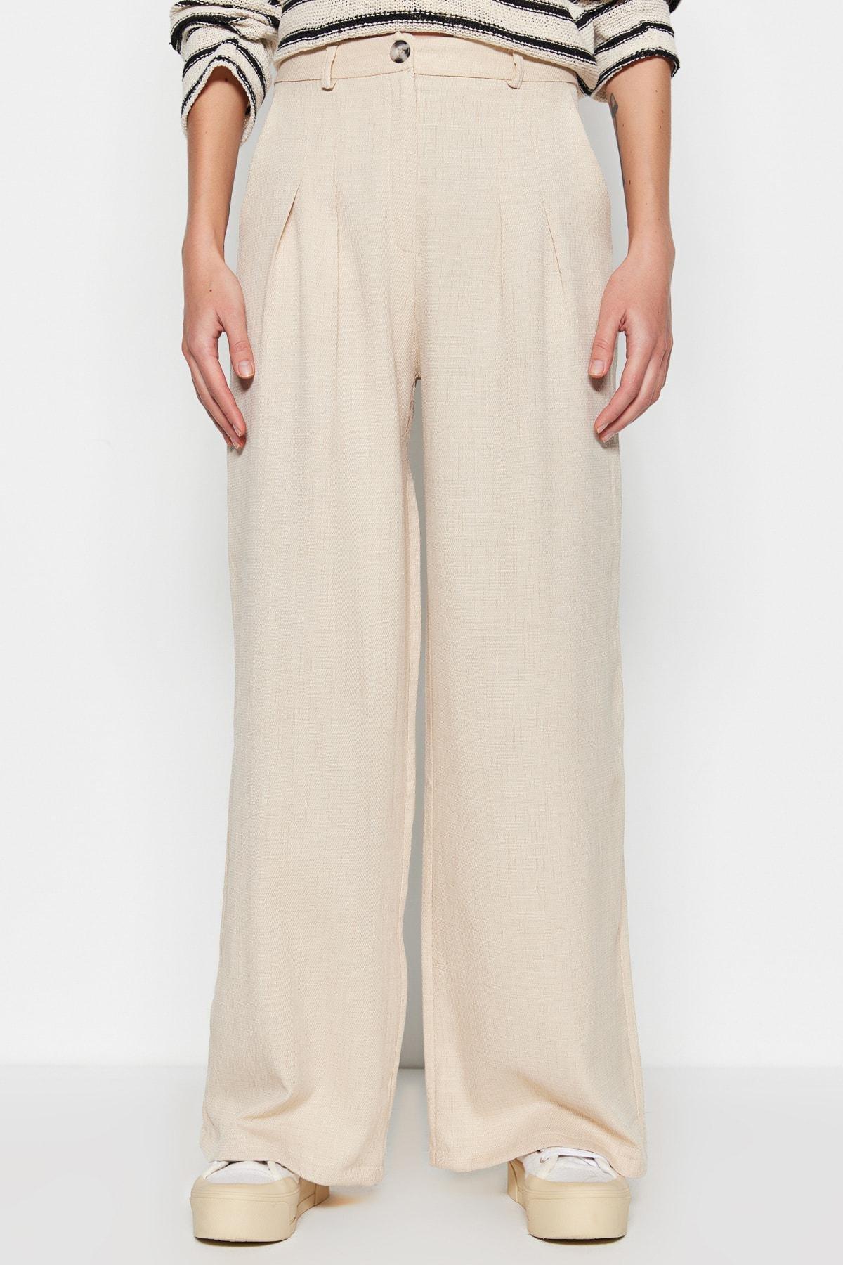 Beige High Waist Wide Leg Pants, , large image number 3