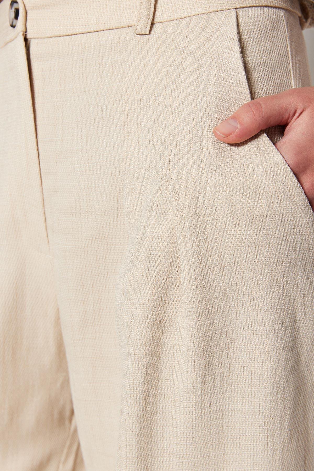 Beige High Waist Wide Leg Pants, , large image number 4