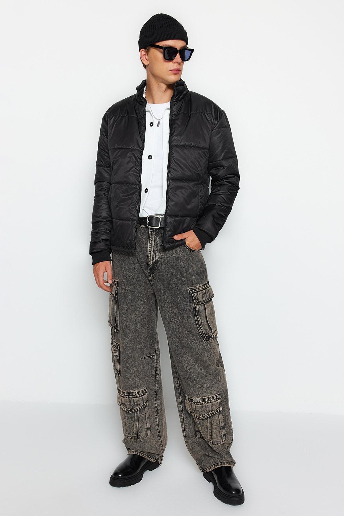 Black Puffer Standing Collar Jacket, , large image number 1