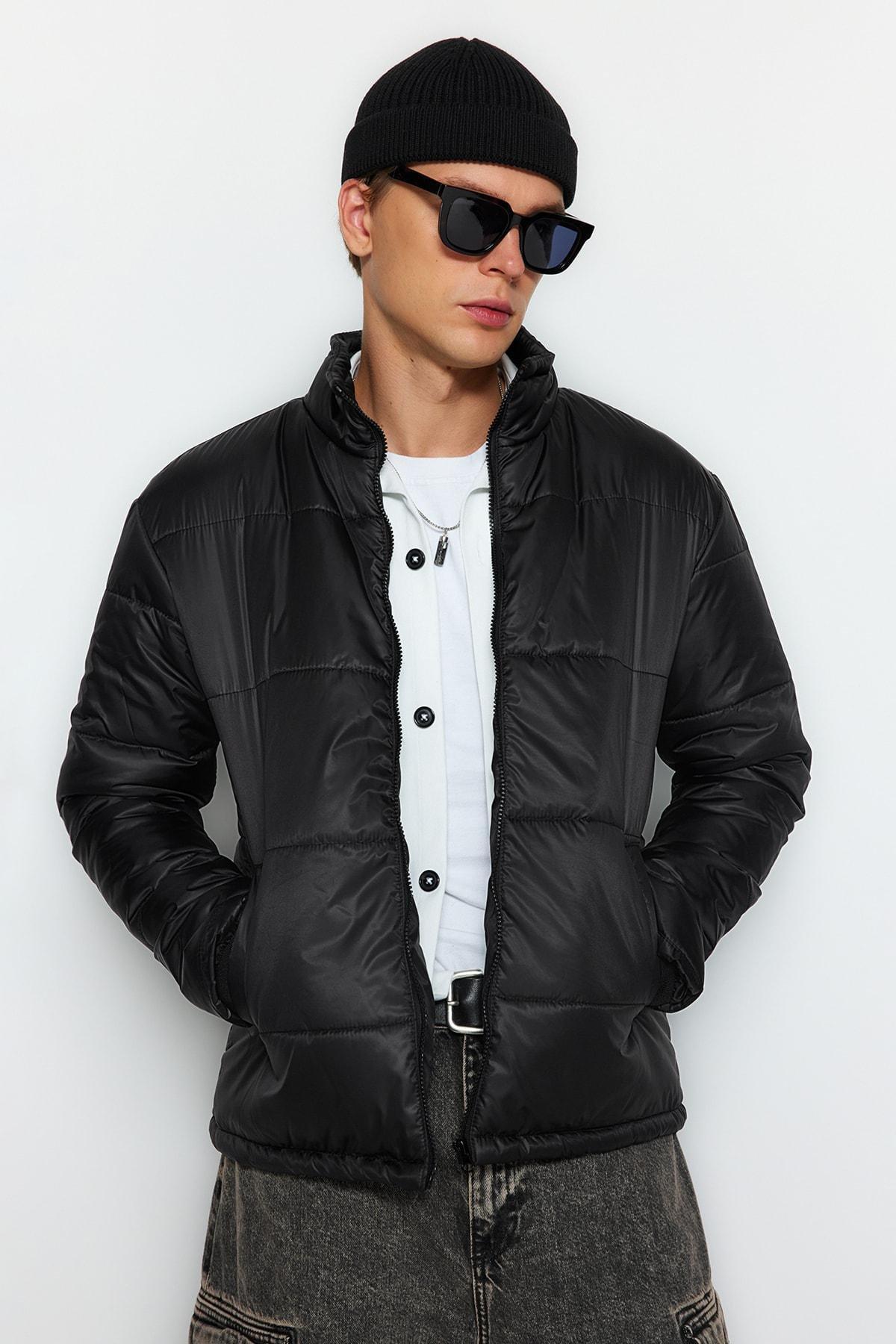 Black Puffer Standing Collar Jacket, , large image number 3