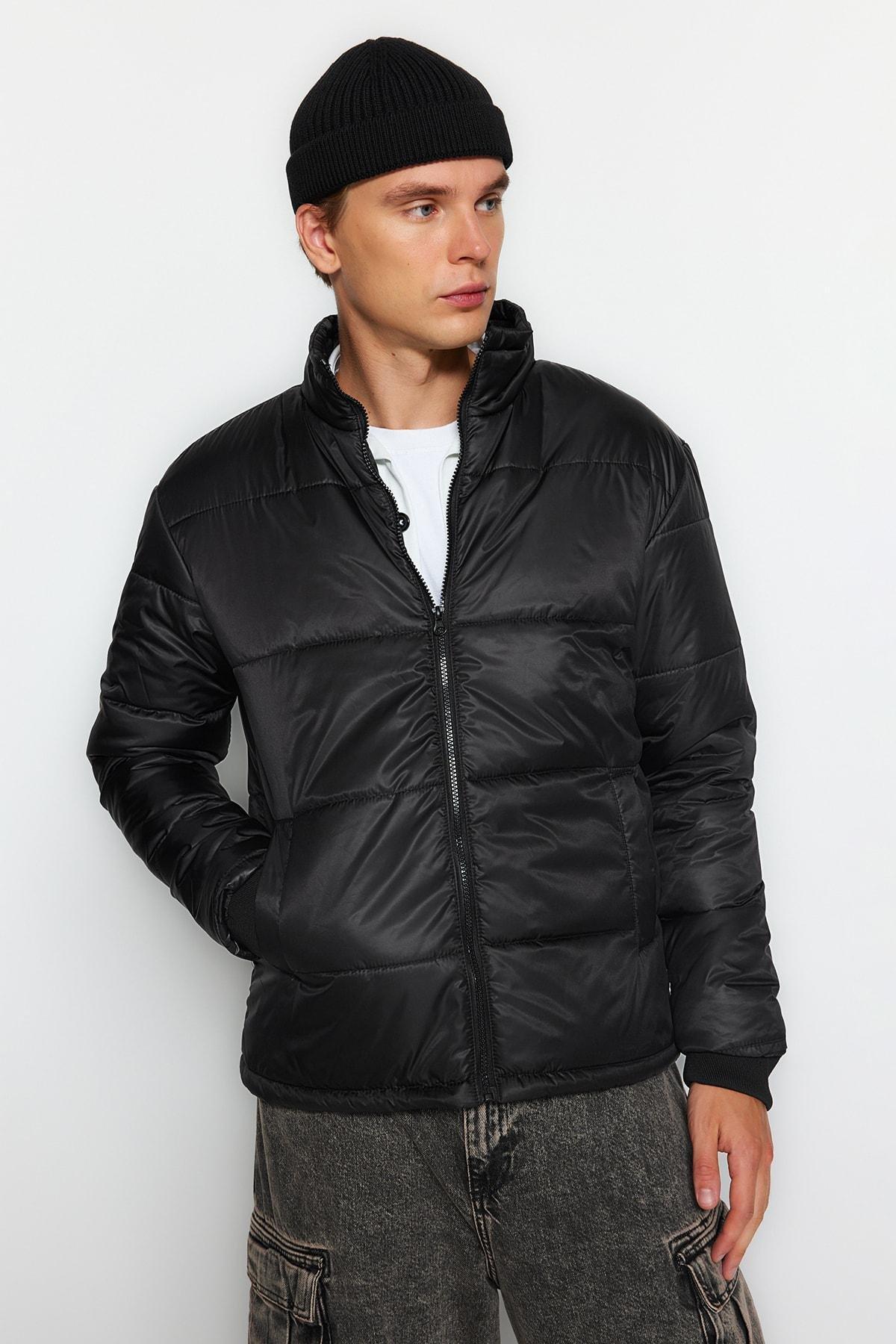 Black Puffer Standing Collar Jacket, , large image number 5