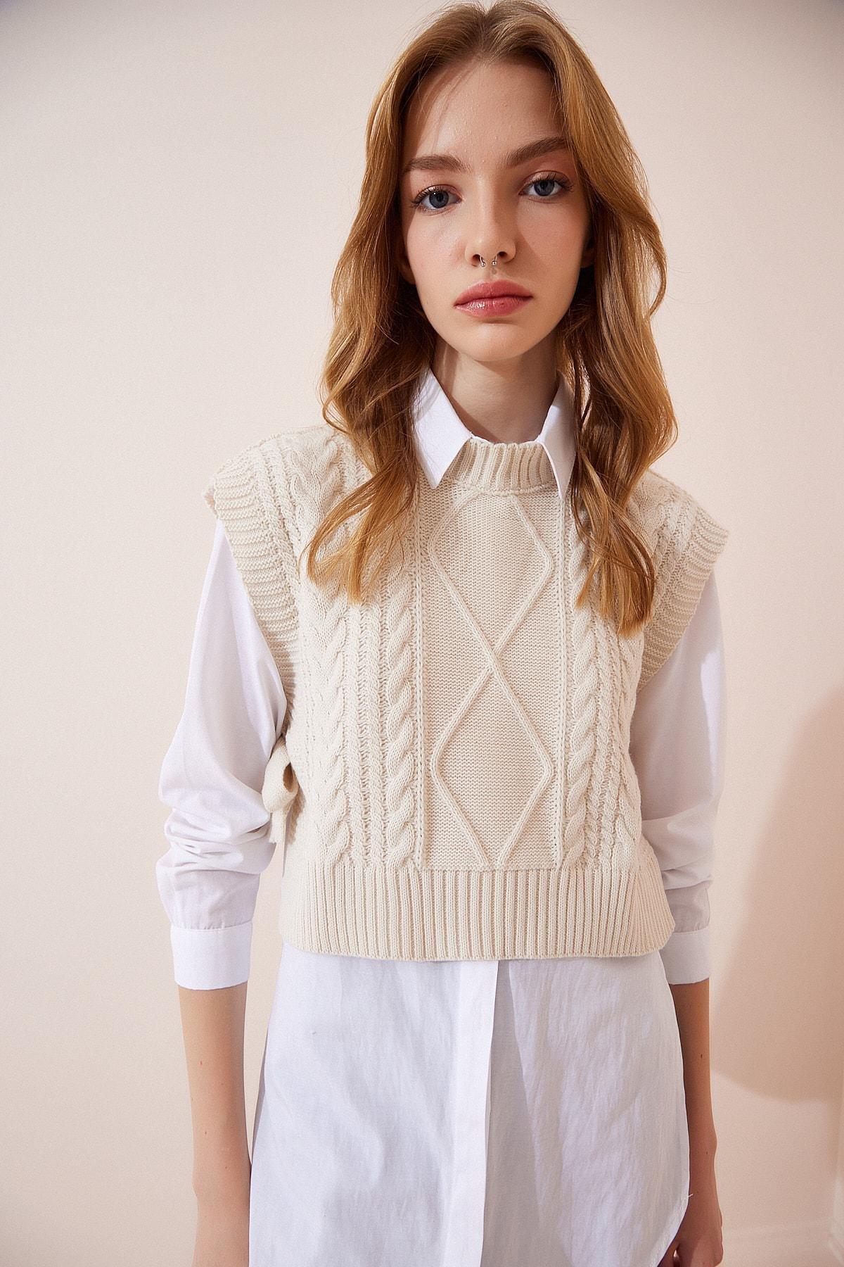 Beige Turtleneck Sweater Vest, Cream, large image number 1