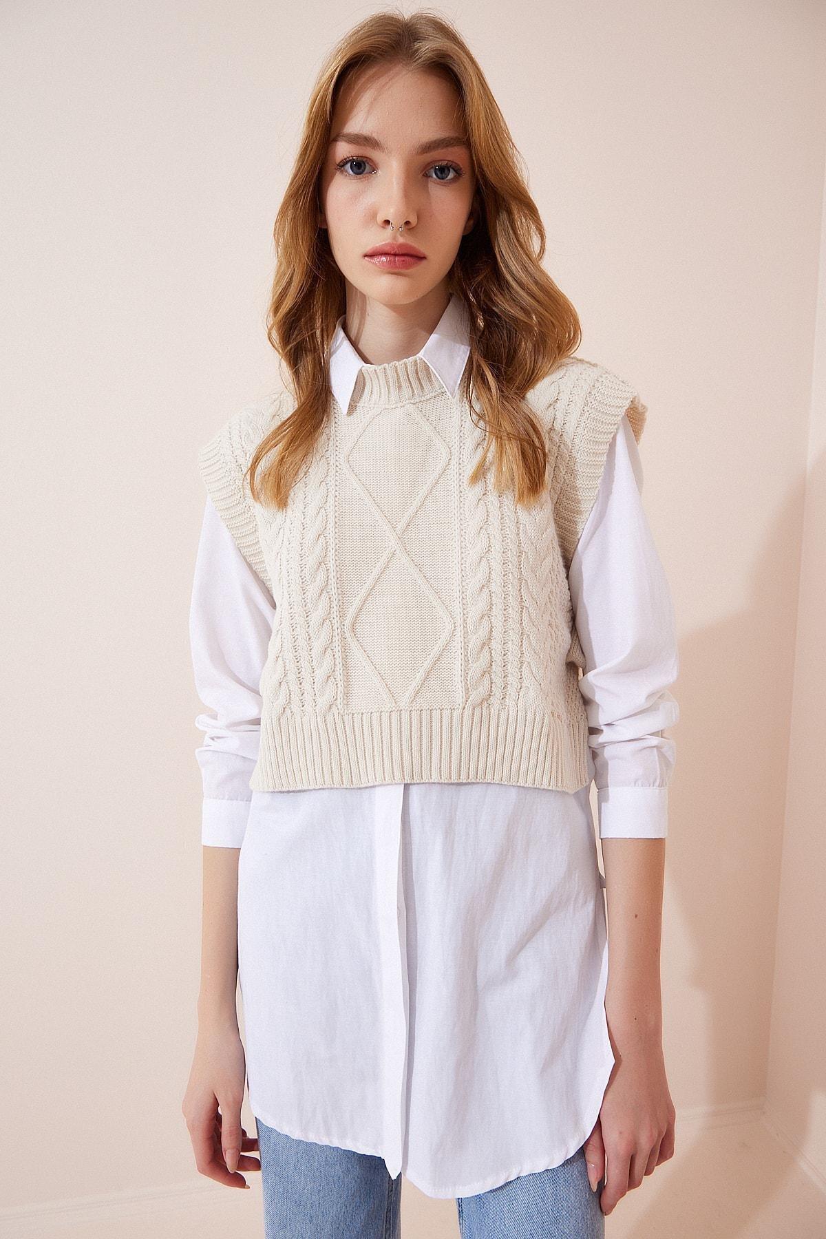 Beige Turtleneck Sweater Vest, Cream, large image number 2