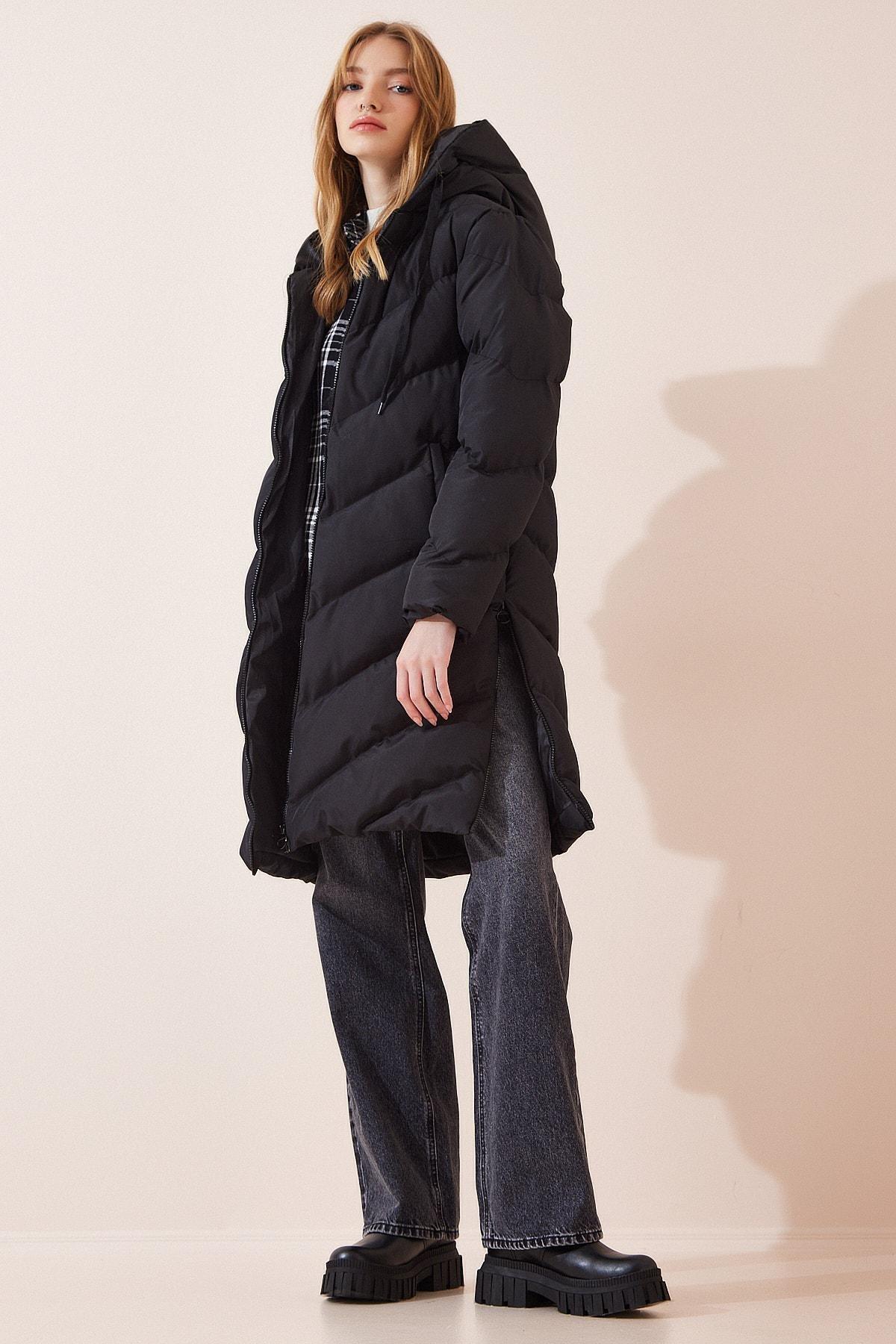 Black Hooded Long Down Coat, BLACK, large image number 1