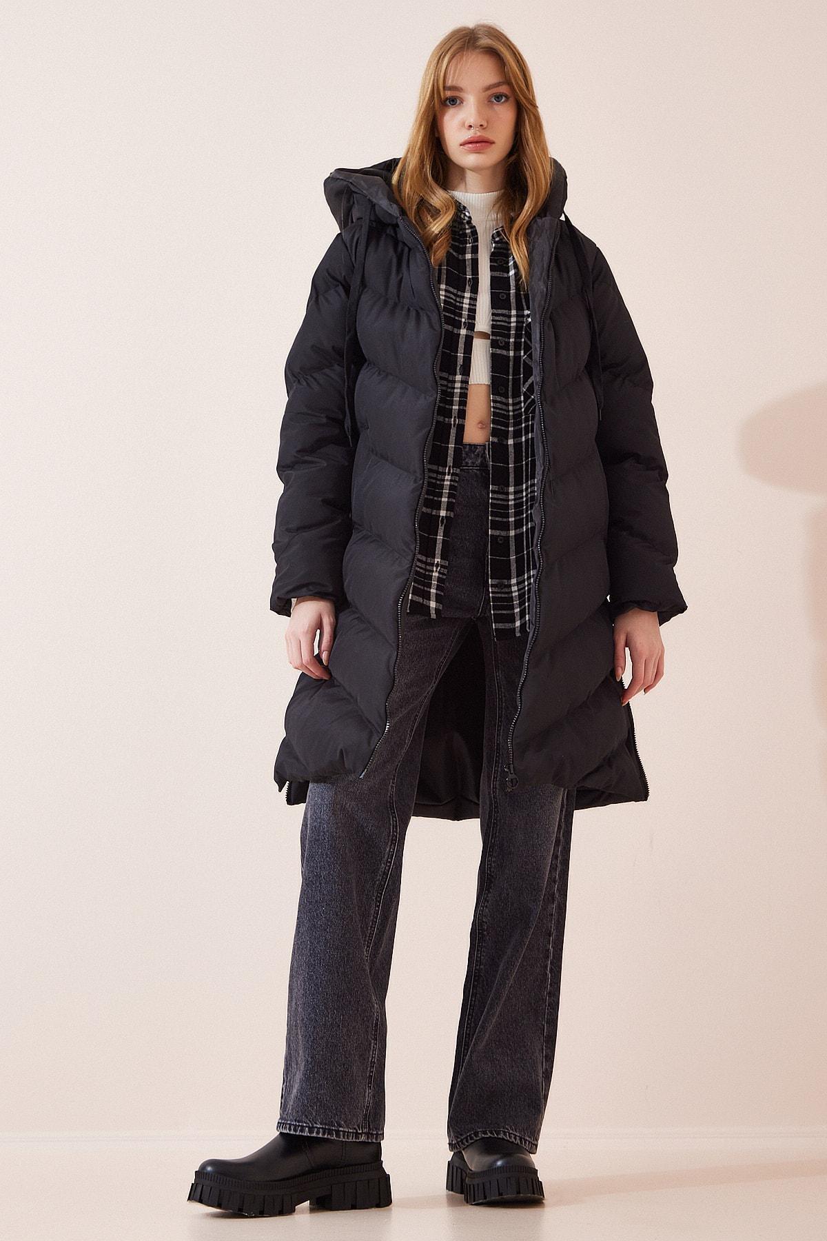 Black Hooded Long Down Coat, BLACK, large image number 2