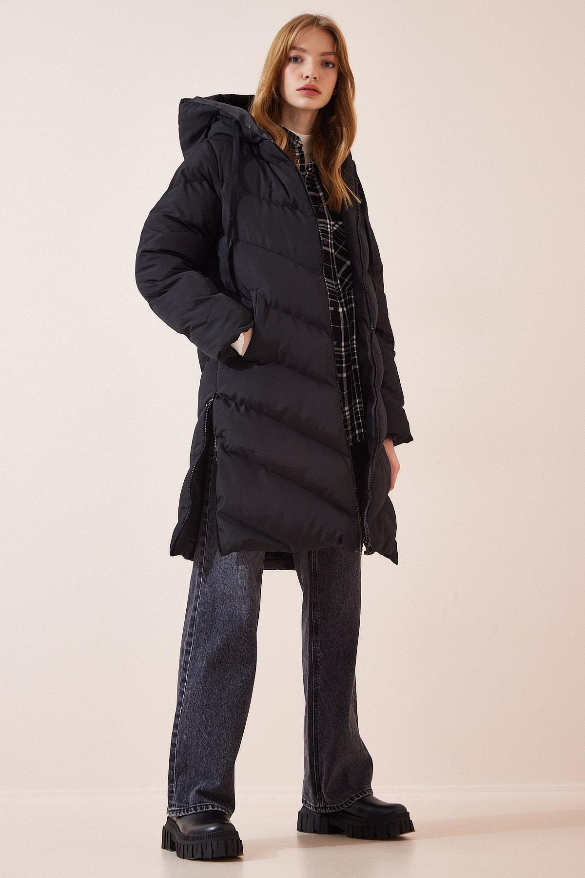 Black Hooded Long Down Coat, BLACK, large image number 3