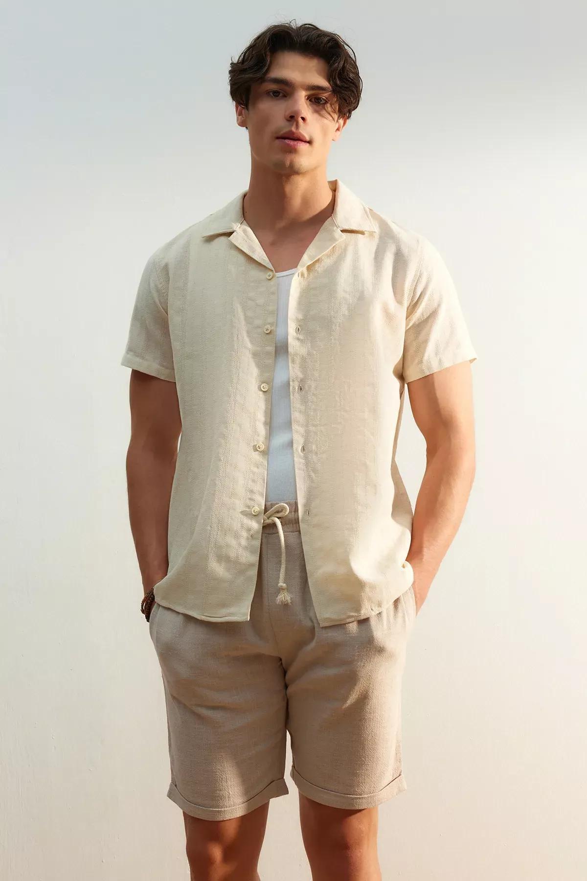Beige Cotton Collared Shirt, Beige, medium