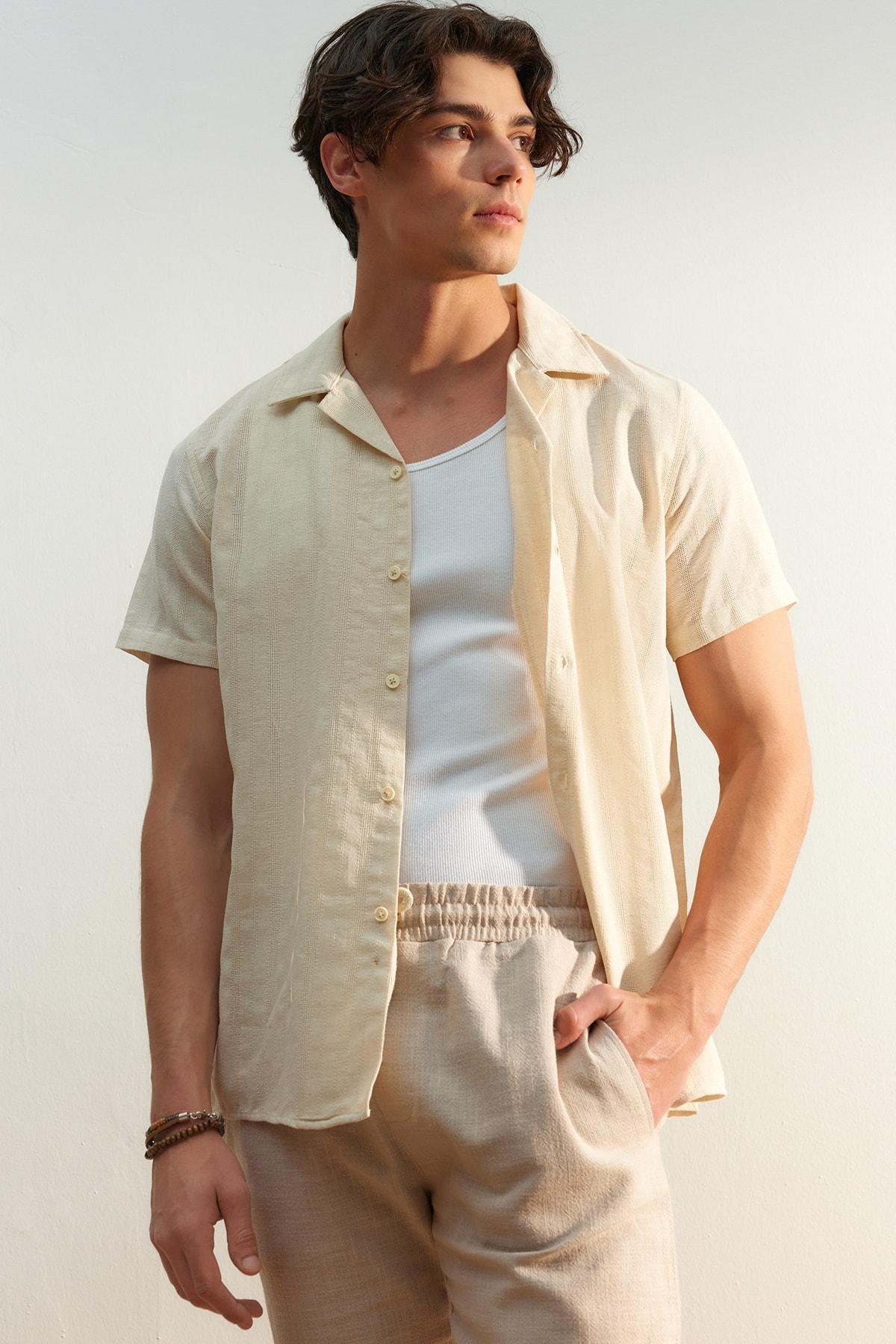 Beige Cotton Collared Shirt, , large image number 1