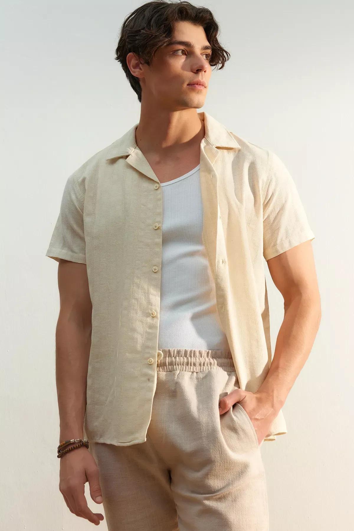 Beige Cotton Collared Shirt, Beige, medium