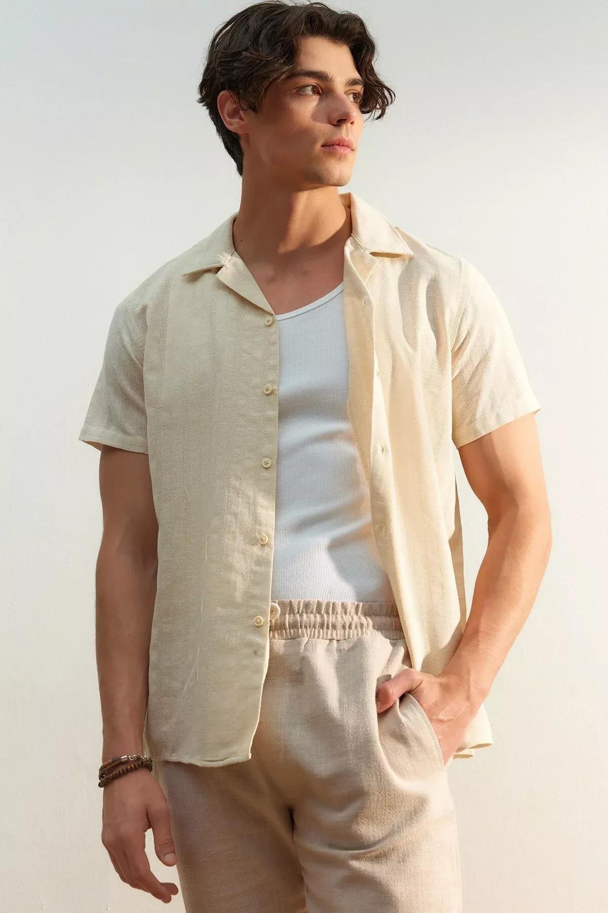 Beige Cotton Collared Shirt, Beige, medium