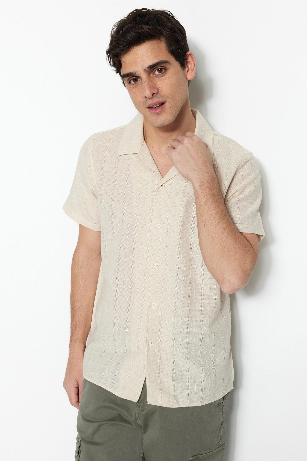Beige Cotton Collared Shirt, , large image number 3