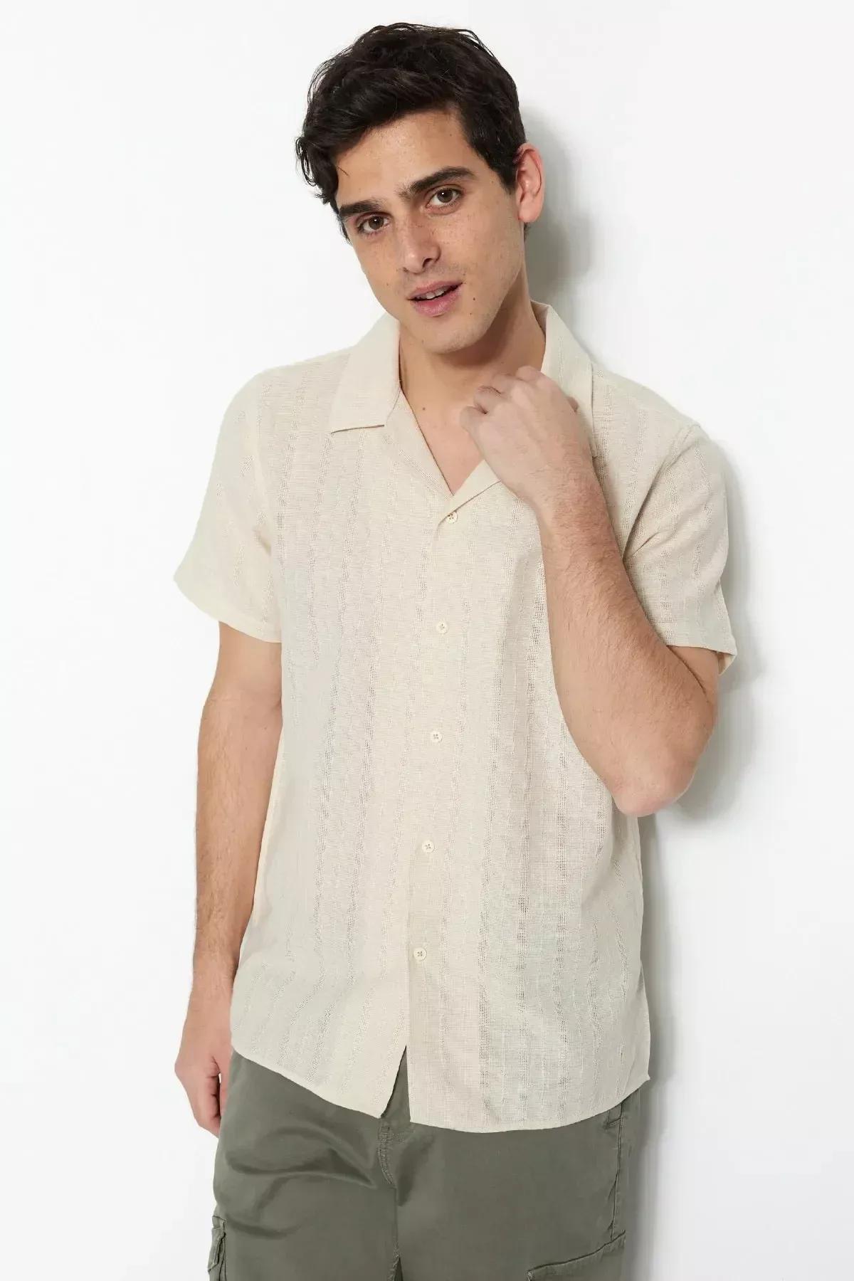 Beige Cotton Collared Shirt, Beige, large image number 3