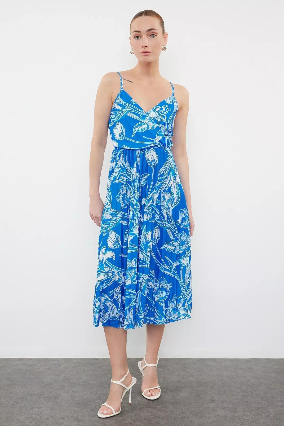 Blue Patterned Midi Pleated Dress, Navy blue, large image number 0