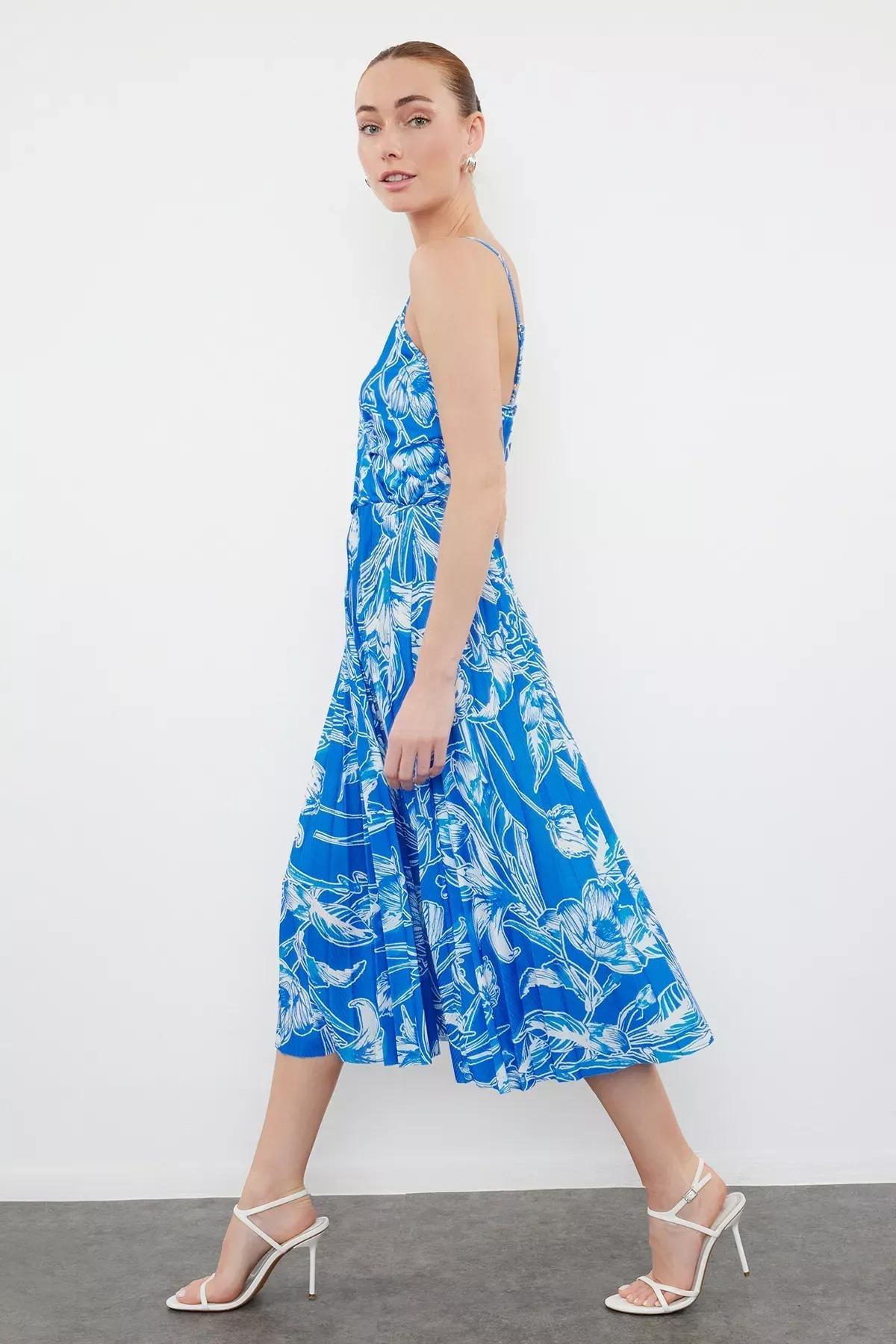 Blue Patterned Midi Pleated Dress, Navy blue, large image number 1