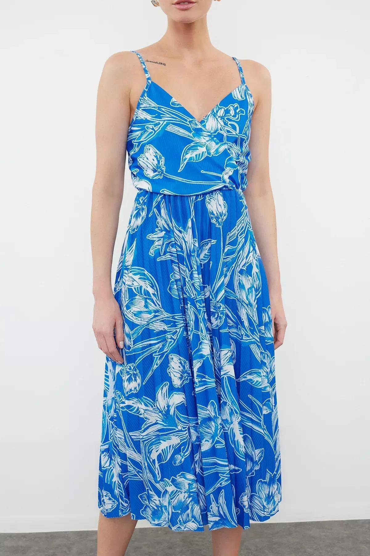 Blue Patterned Midi Pleated Dress, Navy blue, large image number 2