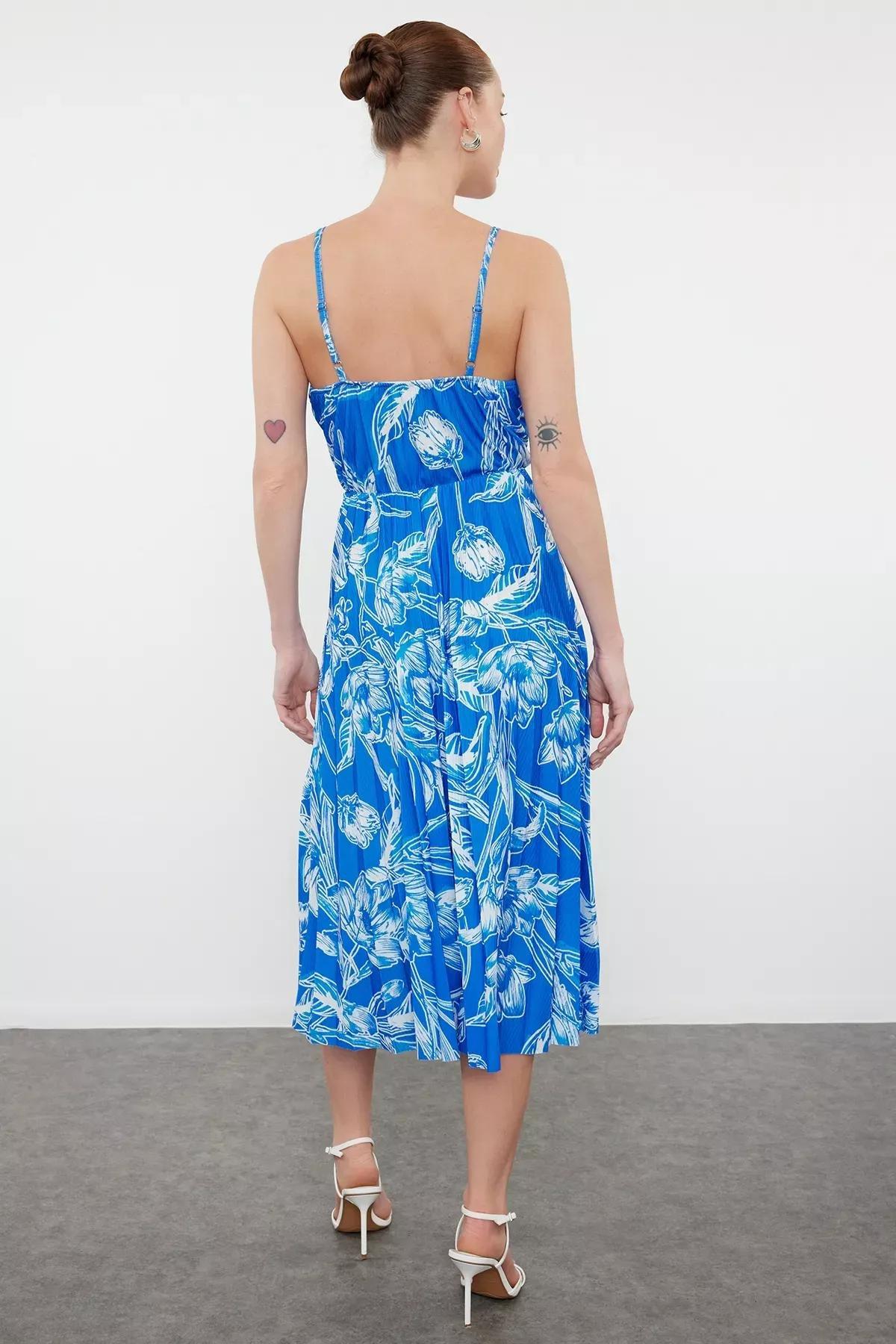 Blue Patterned Midi Pleated Dress, Navy blue, large image number 4