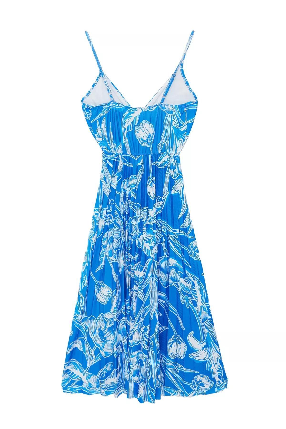 Blue Patterned Midi Pleated Dress, Navy blue, large image number 5