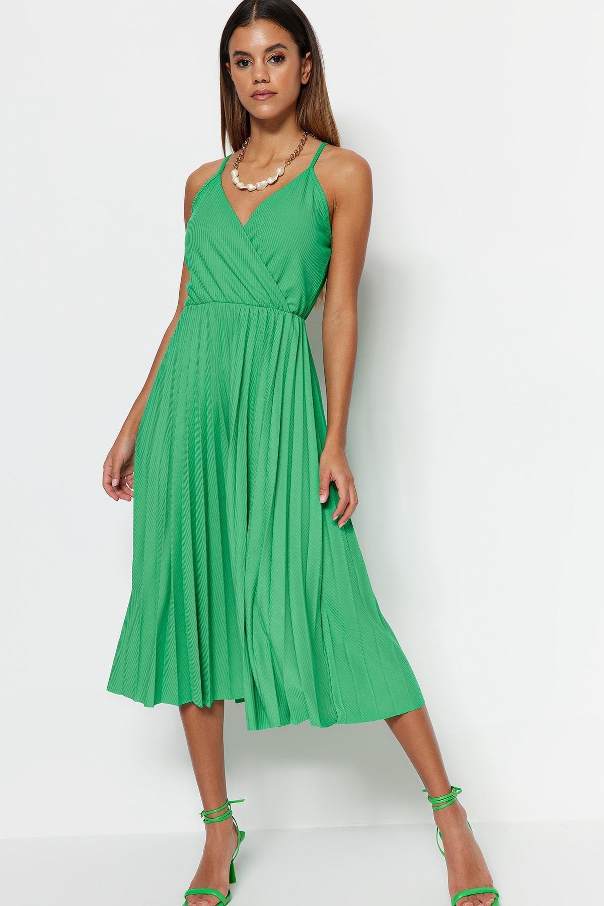 Green Pleated Midi Dress, , large image number 1