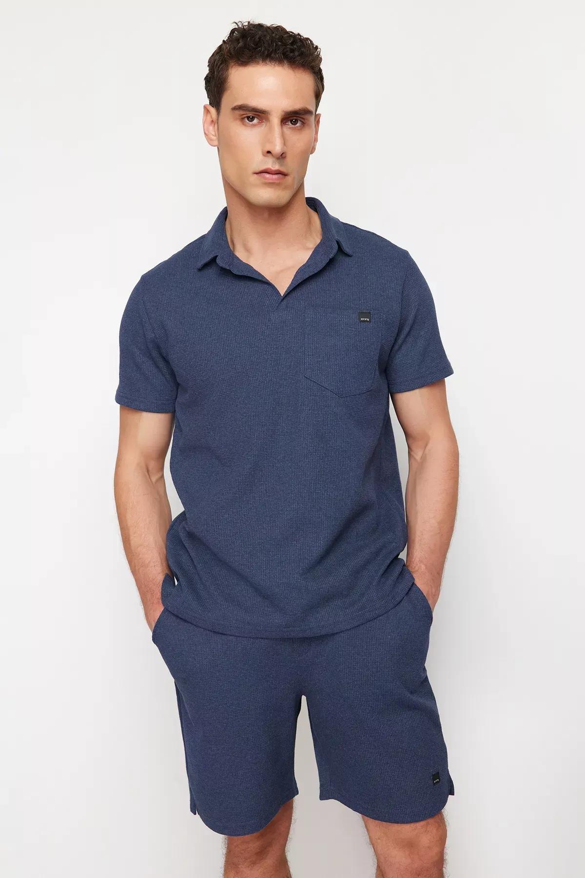 Blue Regular Textured Fabric Polo Set, , large image number 0