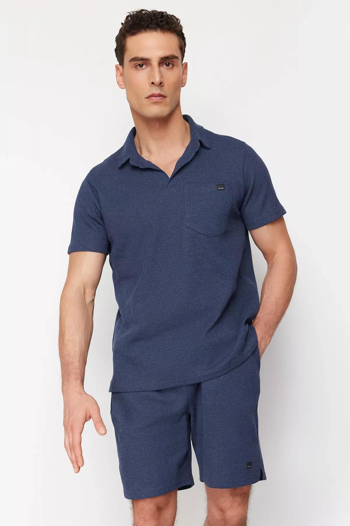 Blue Regular Textured Fabric Polo Set, , large image number 2