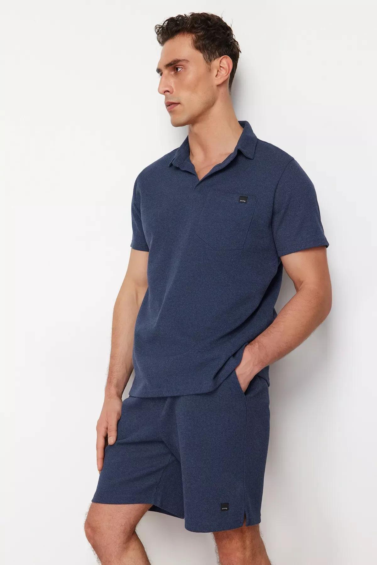 Blue Regular Textured Fabric Polo Set, , large image number 3